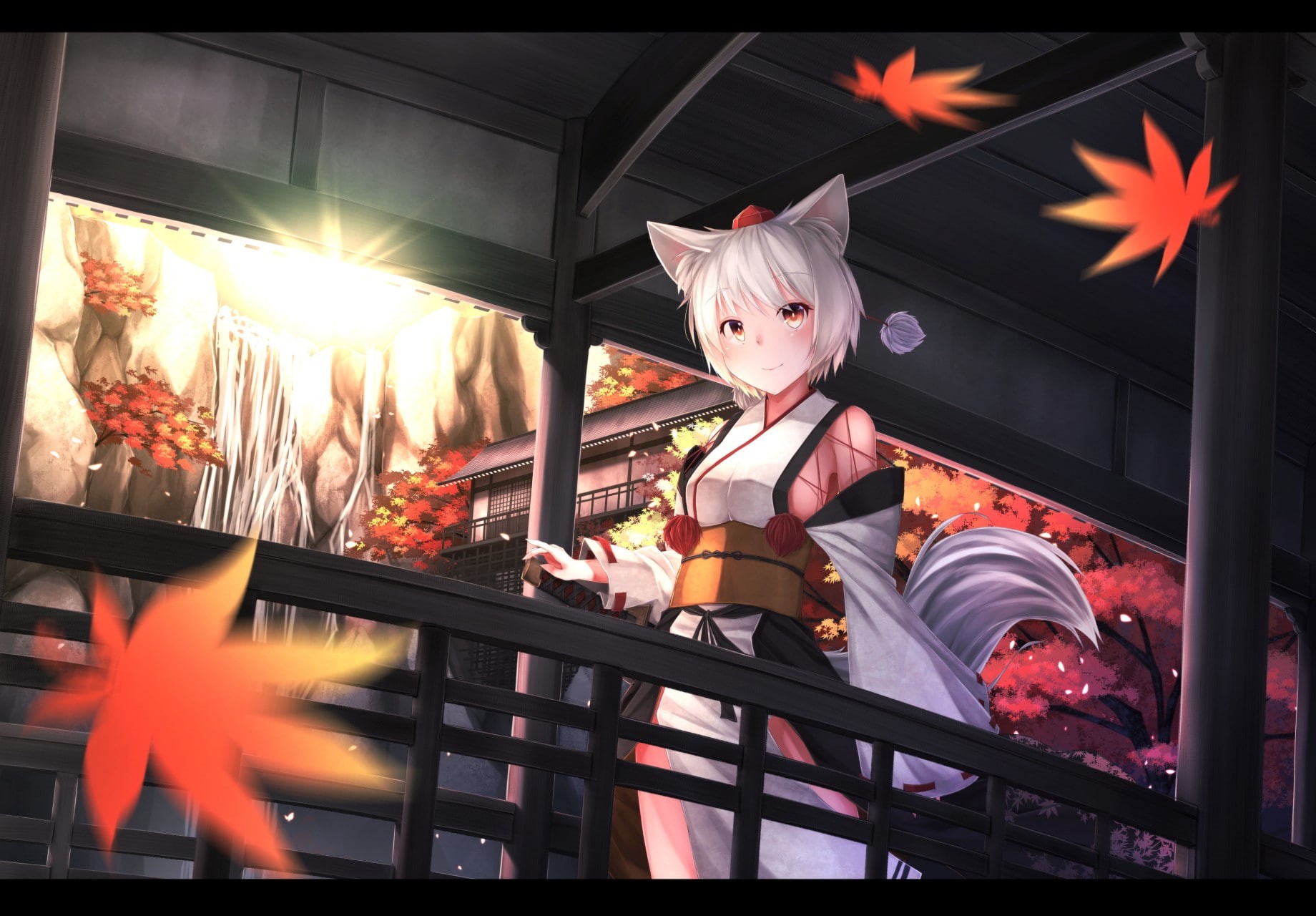 animal ears, anime girls, orange eyes, nekomimi, Touhou, anime, Japanese clothes, 720P, short hair, Okamimimi, Inubashiri Momiji, white hair, HD Wallpaper