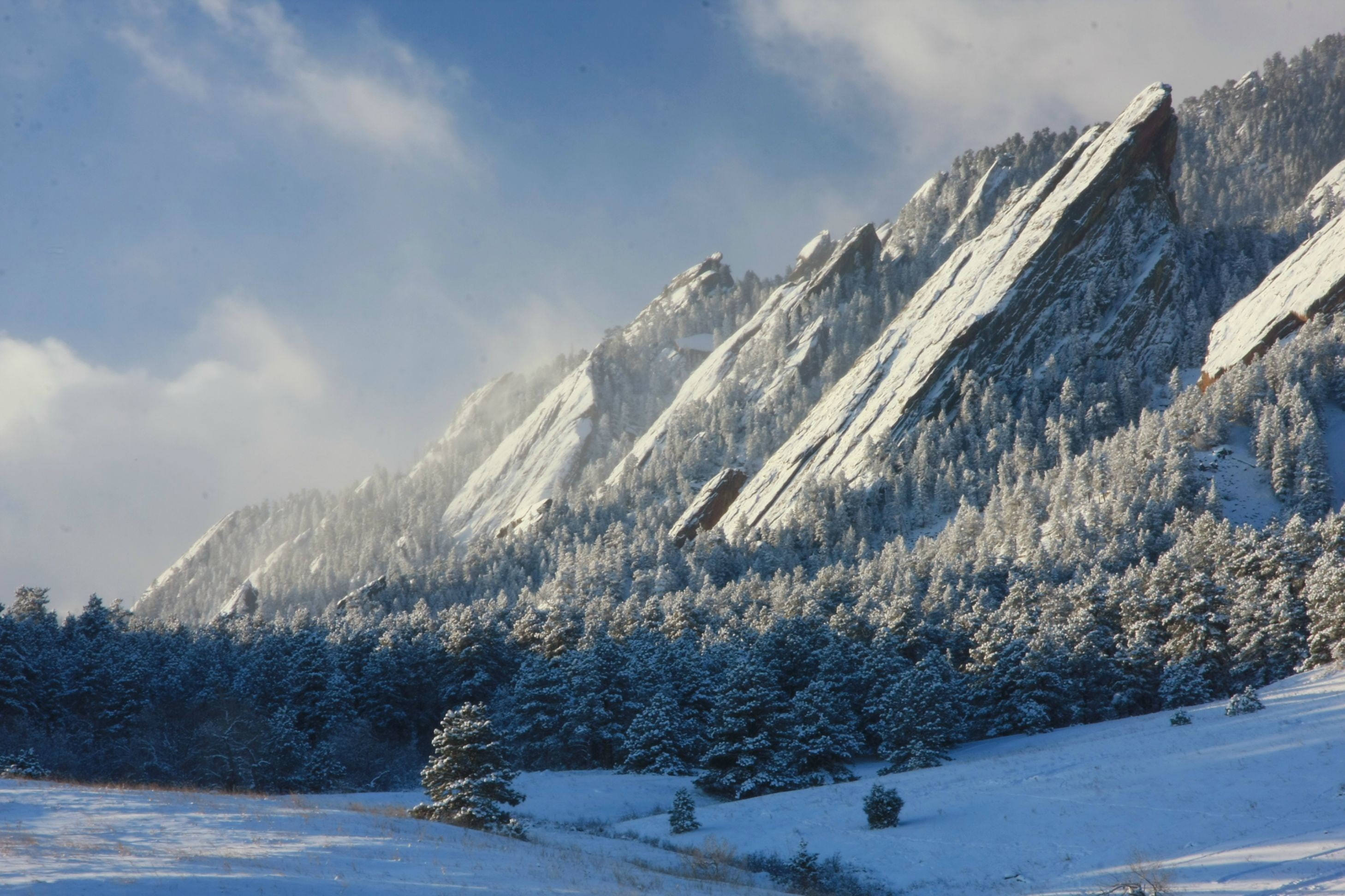 mountains, landscape, Flatirons, snow, Boulder, trees, 2K, Colorado, nature, HD Wallpaper