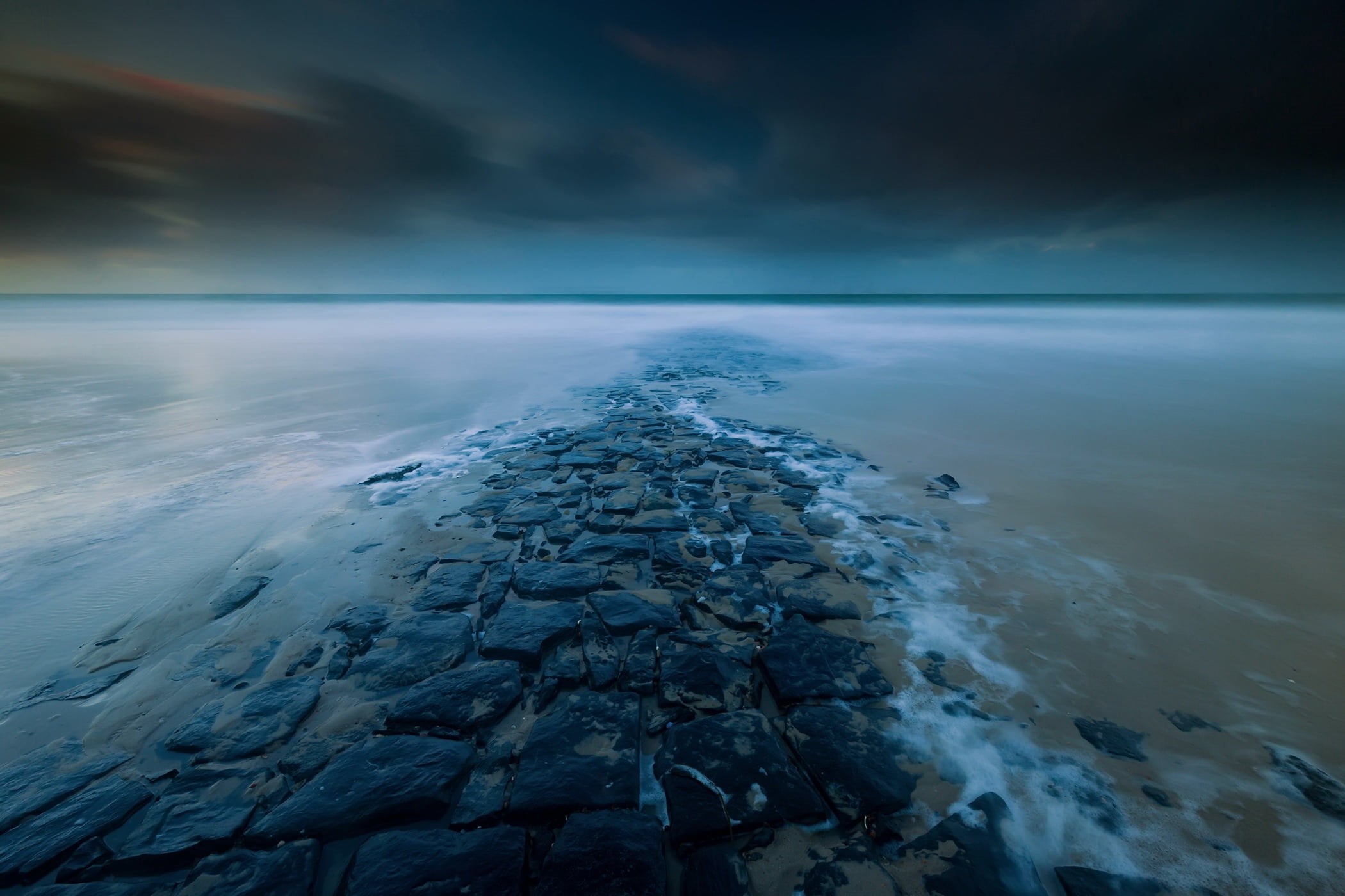 nature, 1080P, outdoors, land, tranquil scene, tranquility, beauty in nature, rock, non-urban scene, sea, black, water, blue, long exposure, horizon, cloud - sky, HD Wallpaper