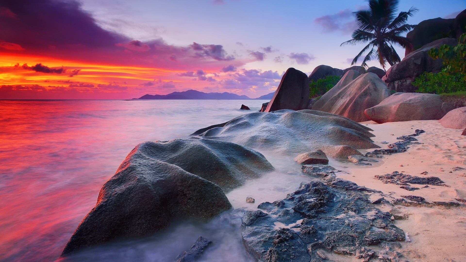 Seychelles, tranquil scene, land, long exposure, coast, tree, daytime, rock - object, boulder, solid, sunlight, flowing water, coconut, sea, sky, rock, HD Wallpaper