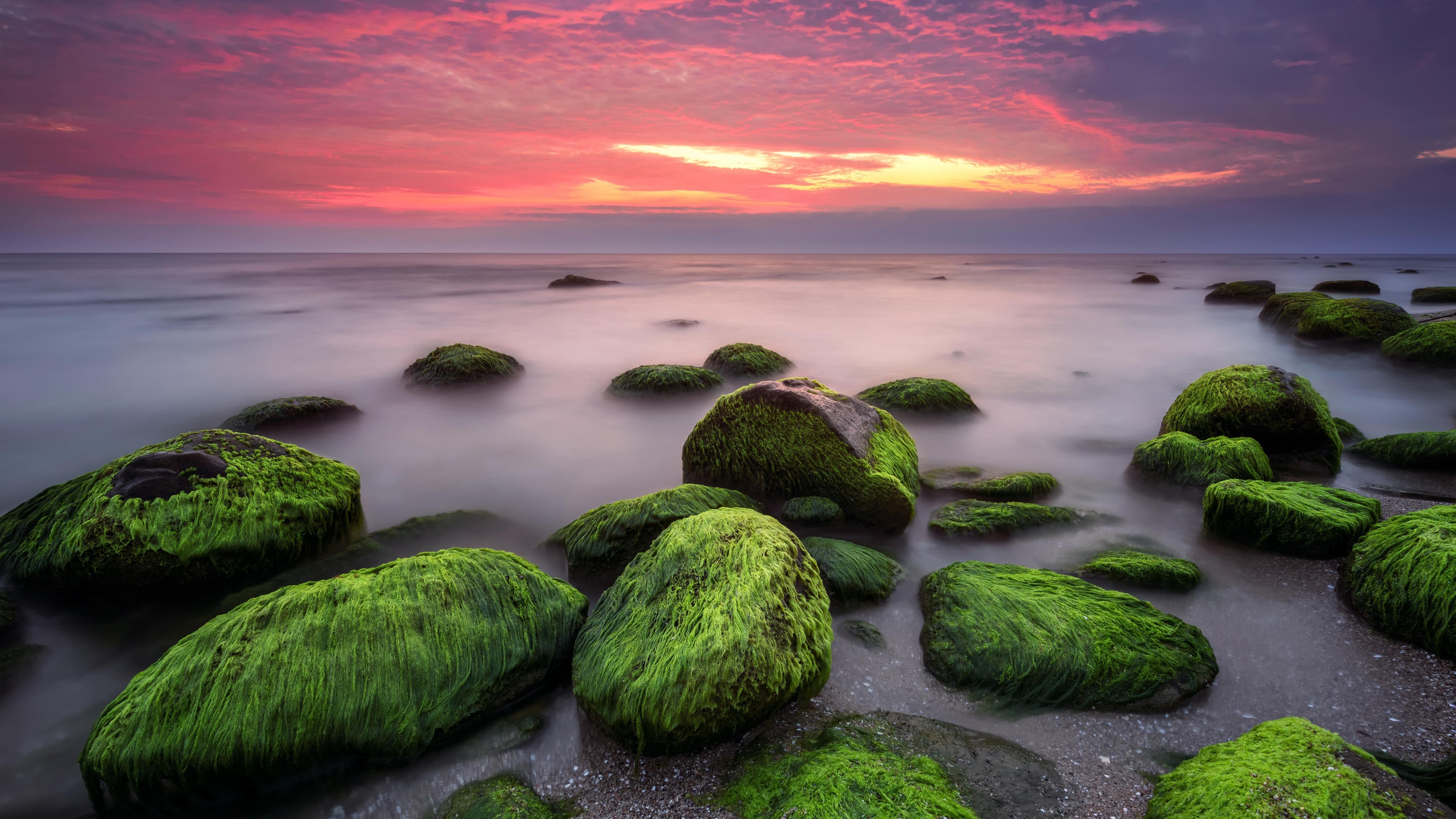 nature, moss, ocean, calm, 5k uhd, boulder, water, 5K, coast, sky, horizon, sea, 5k, rock, shore, landscape, dawn, stones, HD Wallpaper