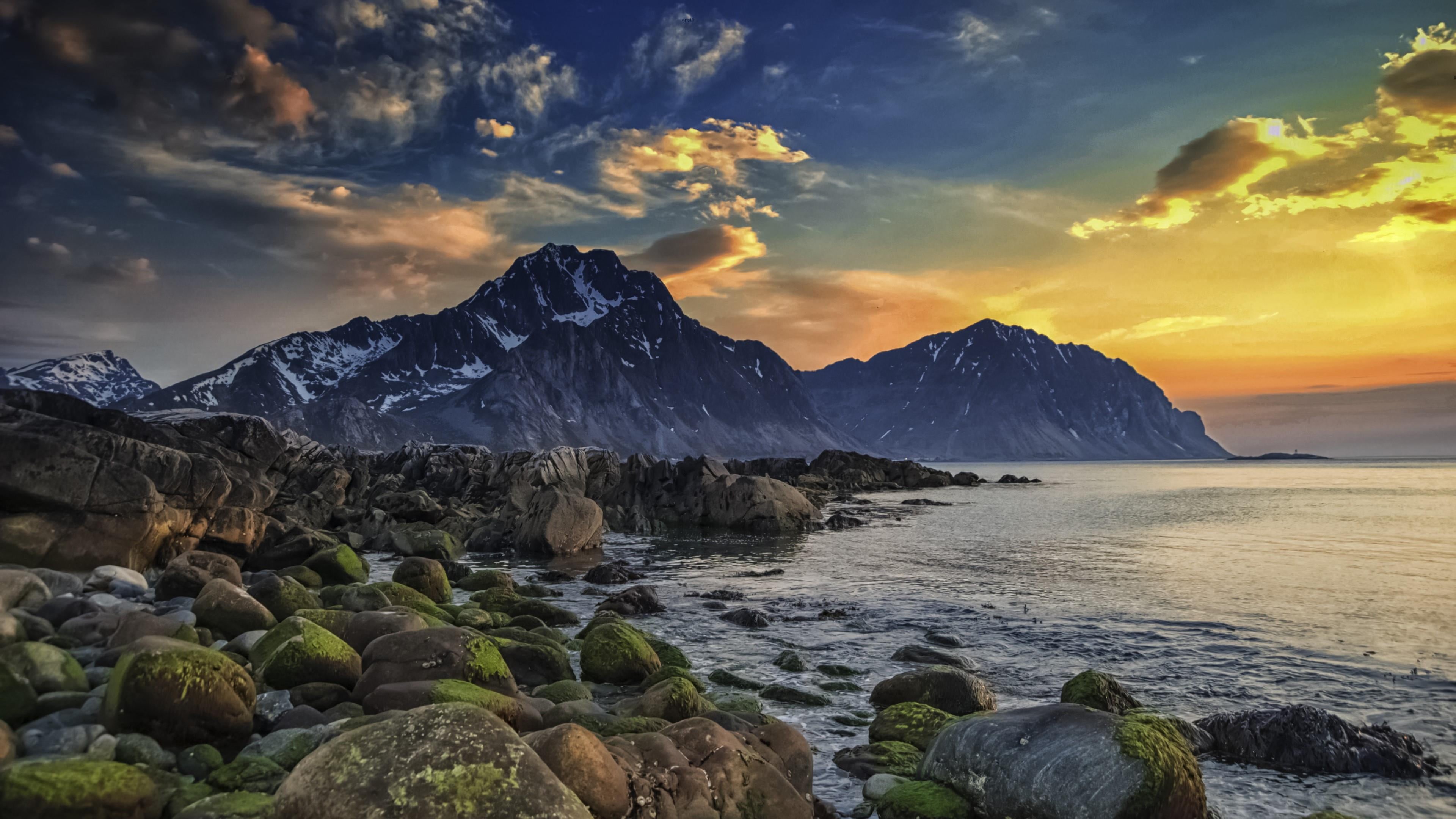 tranquility, scandinavia, scenics - nature, lofoten, no people, cloud - sky, idyllic, islands, cold temperature, mountain range, shore, rock, landscape, HD Wallpaper