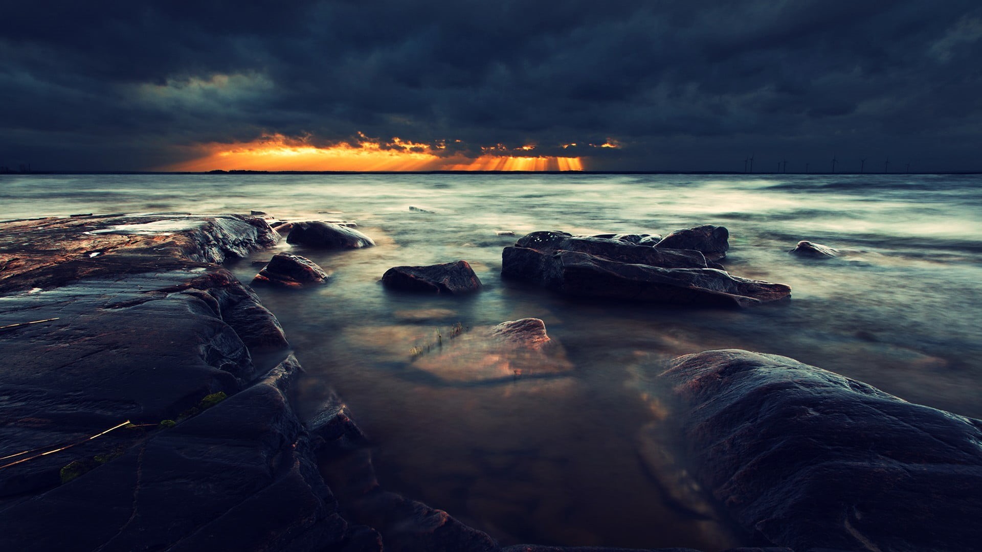 night, boulders, travel, waters Edge, beach, clouds, motion, summer, scenics, near, horizon, beauty In Nature, horizon over water, power in nature, scenics - nature, HD Wallpaper