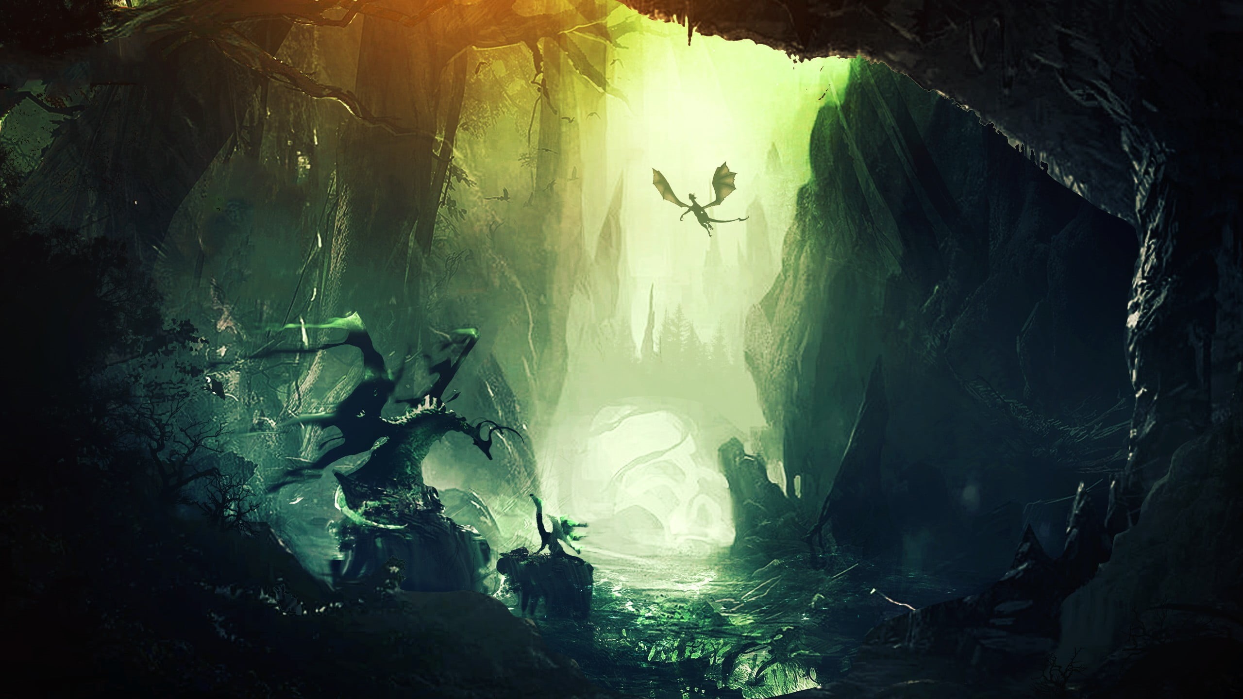 water, leisure activity, mountains, forest, cave, paper, dragon, scenics - nature, non-urban scene, 2K, day, digital art, rock formation, men, outdoors, HD Wallpaper
