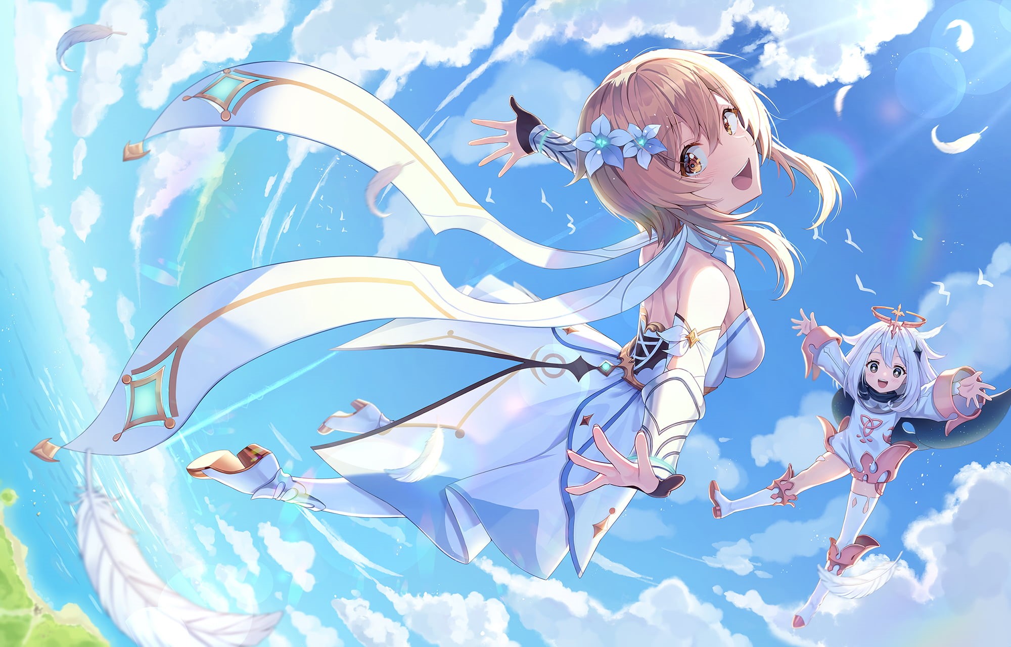 white dress, flying, Genshin Impact, blond hair, Lumine (Genshin Impact), 1080P, Paimon(Genshin Impact), HD Wallpaper