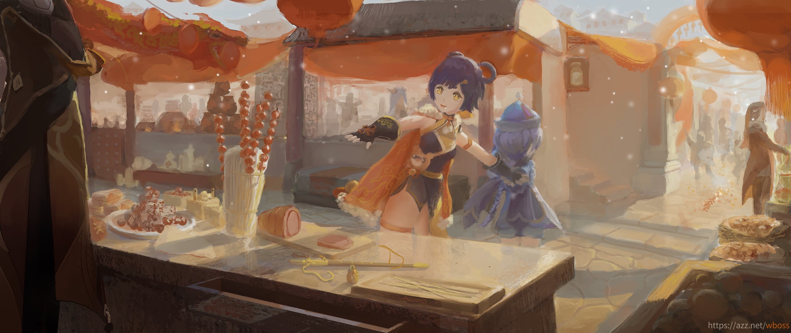 Qiqi (Genshin Impact), 2K, chinese food, Genshin Impact, Xiangling (Genshin Impact), anime girls, wboss, HD Wallpaper