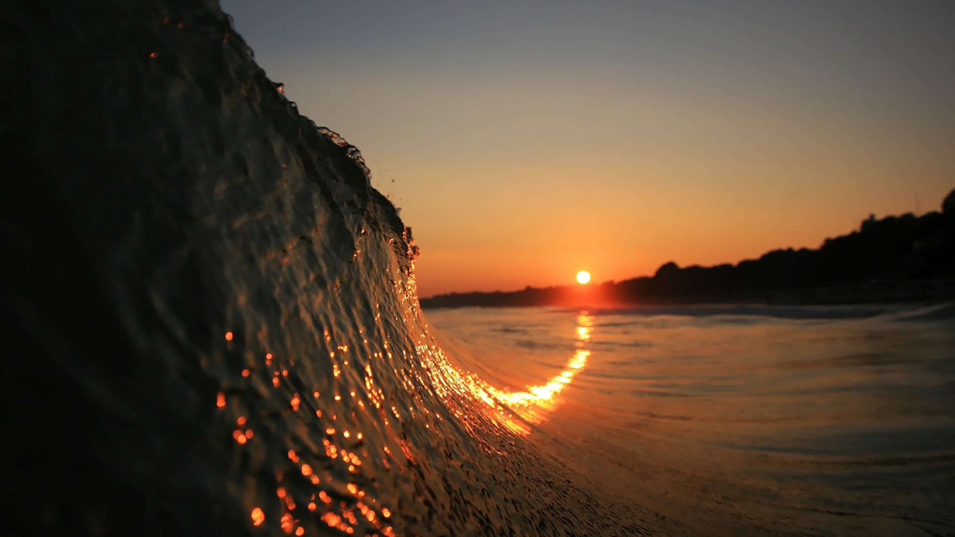 land, wave, sunset, 1080P, orange color, outdoors, no people, depth of field, water, sky, sun, beauty in nature, motion, beach, scenics - nature, mountain, HD Wallpaper