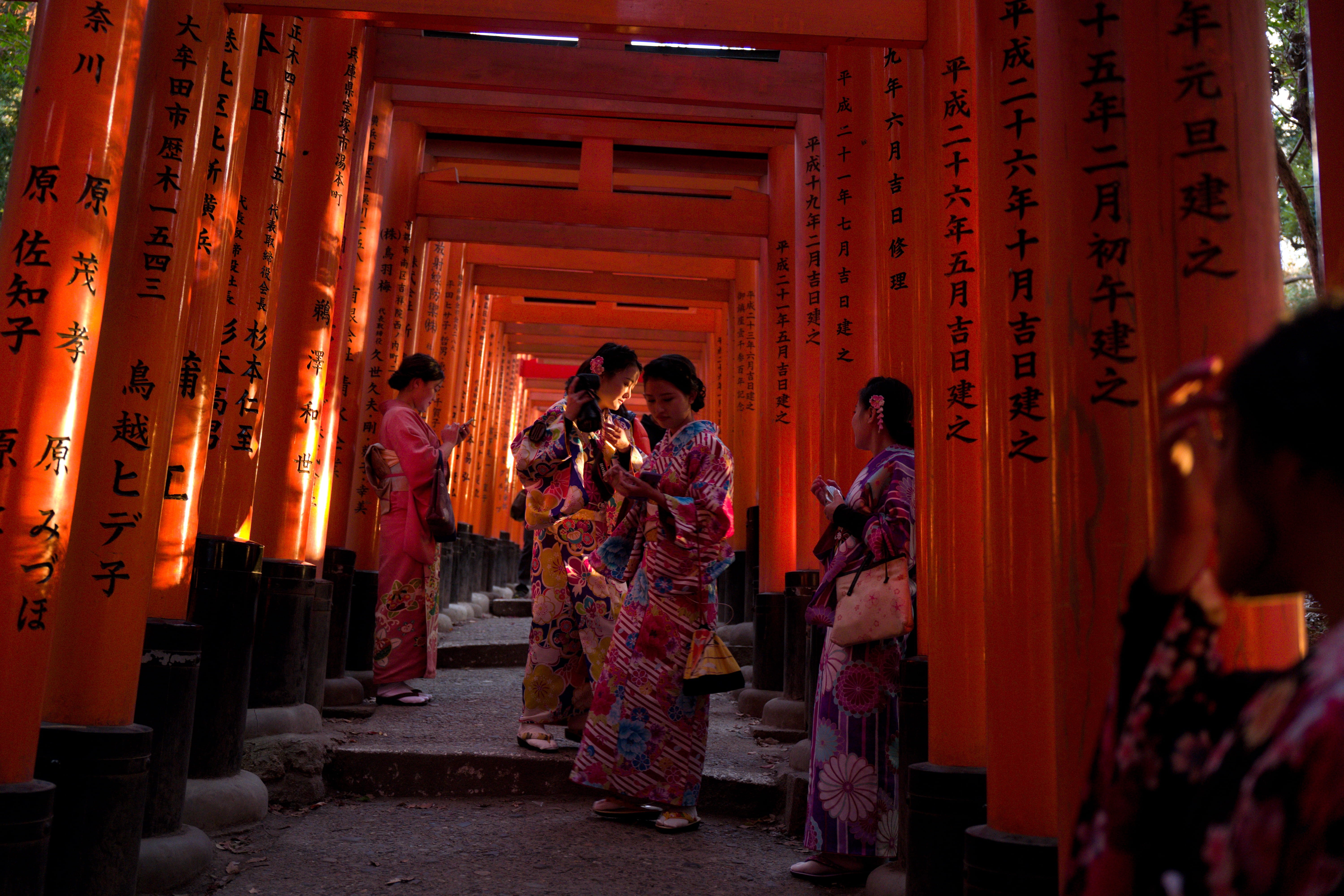 building, fashion, group of people, temple, worship, traditional clothing, 5K, backpack, spirituality, gate, gates, torii, background, tori, architecture, HD Wallpaper