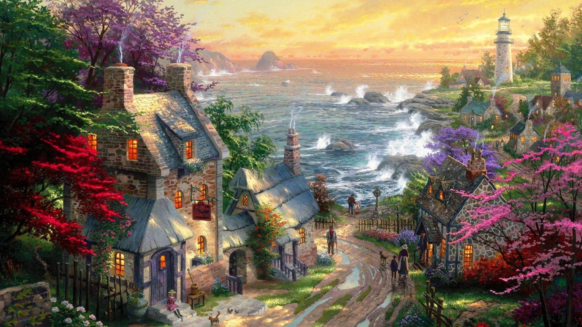 beautiful, village, kincaid, thomas kincaid, sea, lighthouse, concrete, leading, house, gray, road, thomas, 1080P, widescreen, painting, near, HD Wallpaper