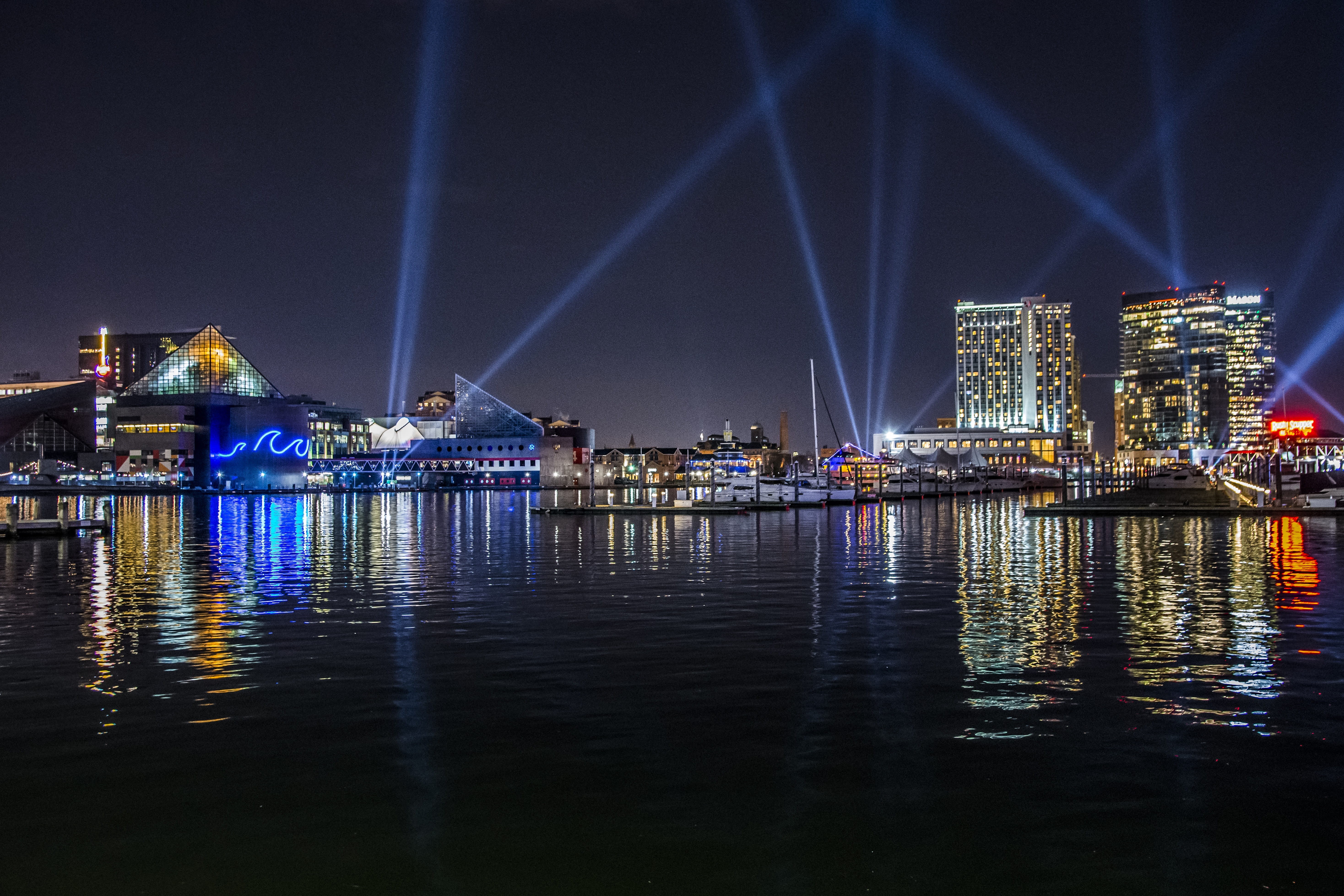architecture, sky, cityscape, night, nightlife, display, skyline, 5K, urban, light beam, reflection, built structure, urban skyline, baltimore, nature, HD Wallpaper