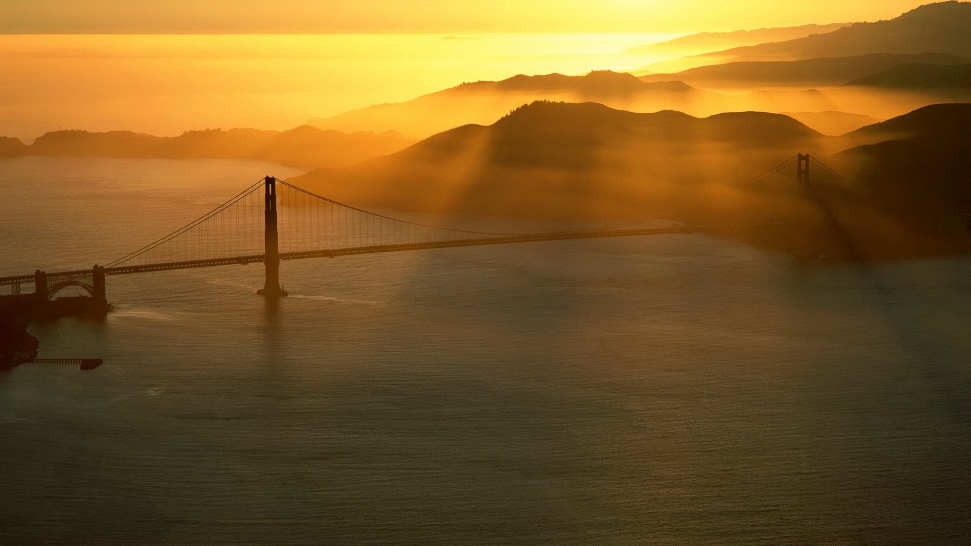 sea, red, bridge, mountain, vacations, gate, 1080P, uSA, no People, golden, sunlight, bridge - Man Made Structure, suspension Bridge, sky, coastline, nature, HD Wallpaper