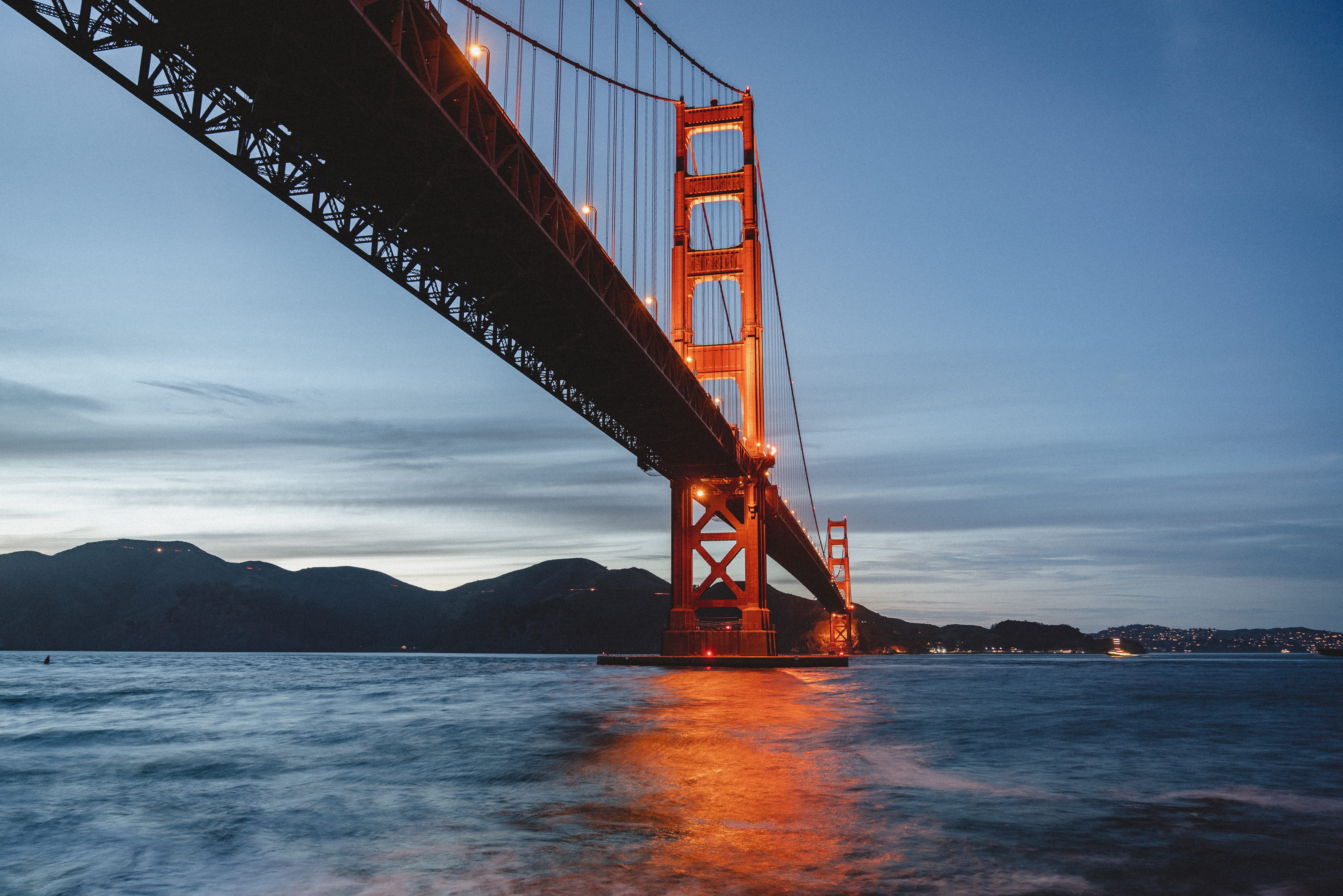 city view, mounatin ridge, sea, west coast, mounatin peak, bridge - man made structure, orange, california, light, dark, water, gate, travel destinations, HD Wallpaper