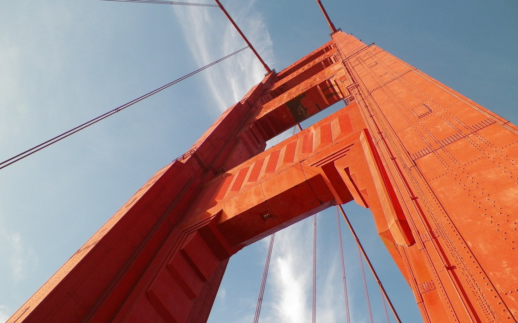 steel, golden Gate Bridge, nature, california, mode of transportation, steel Cable, tower, traffic, golden gate, low angle view, cloud - sky, sky, orange color, HD Wallpaper