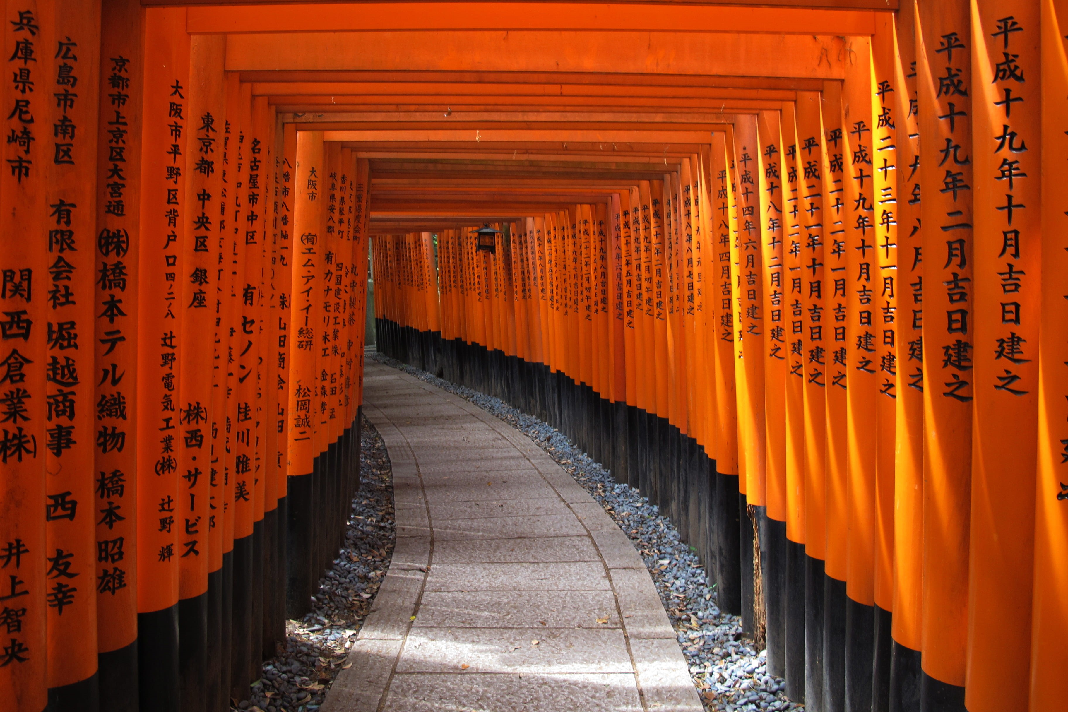place of worship, diminishing perspective, religion, empty, script, structure, corridor, shrine, in a row, orange color, architectural column, path, non-western script, HD Wallpaper