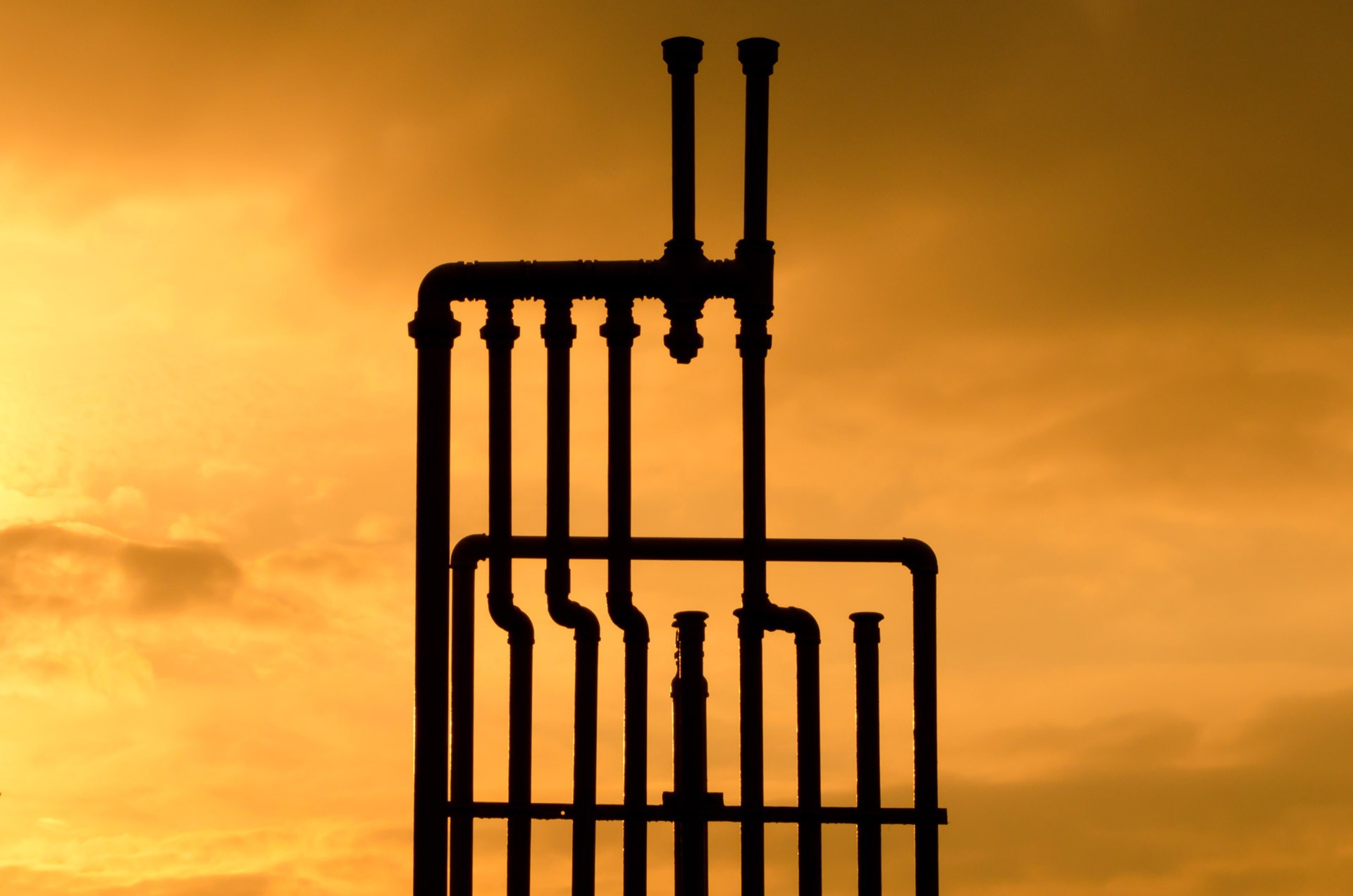 environment, 1080P, gate, no people, yellow, silhouette, iron, orange color, back lit, beauty in nature, tubing, sunset, cloud, sun, sunlight, dramatic sky, HD Wallpaper