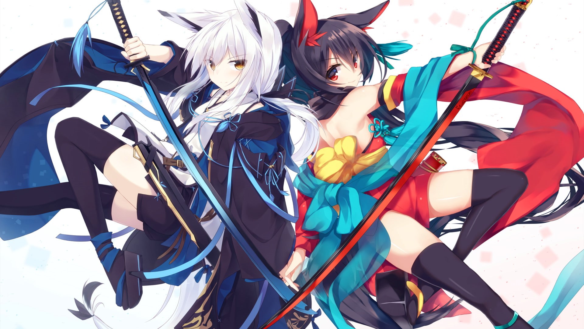 Anime, 1080P, Sword, Original, Thigh Highs, Girl, Red Eyes, Kitsune, Black Hair, Long Hair, White Hair, Yellow Eyes, HD Wallpaper