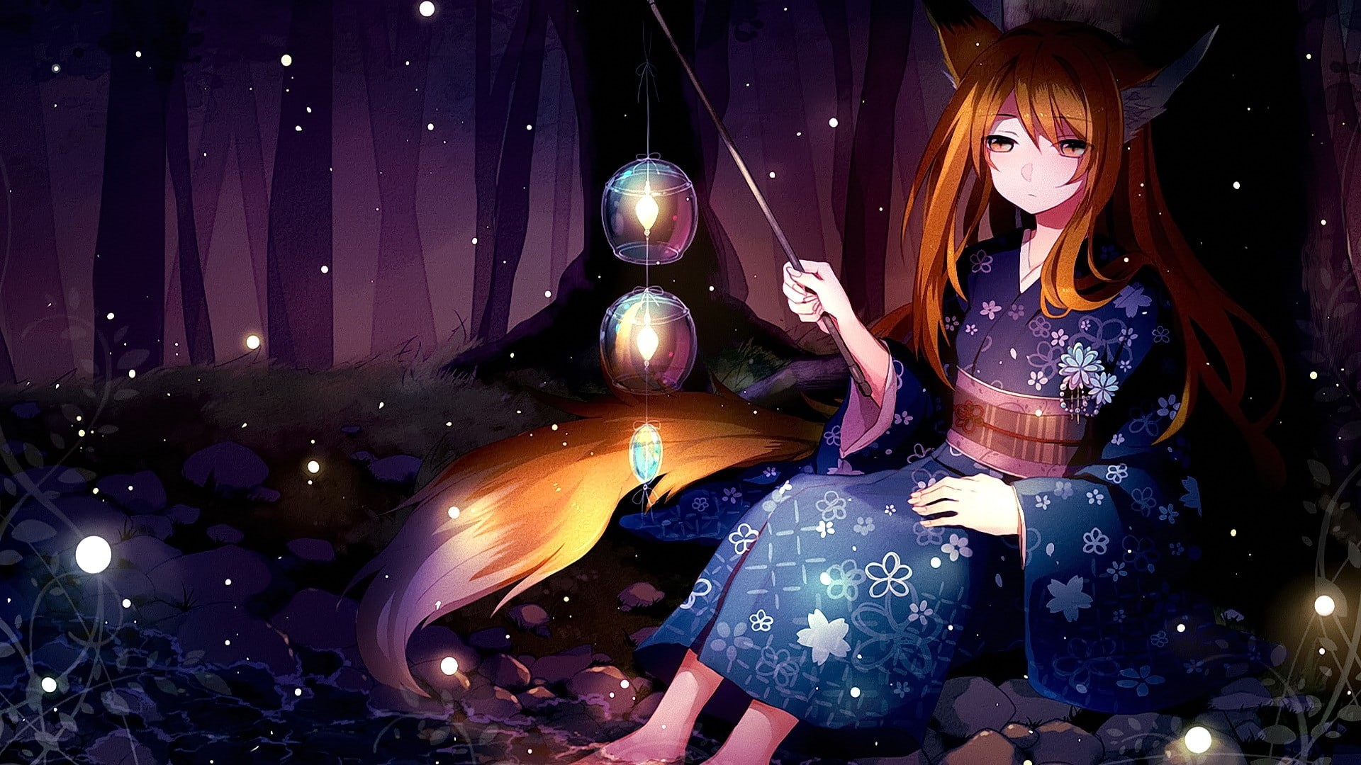 Night, Long Hair, Forest, Animal Ears, Girl, Anime, Kitsune, Kimono, Brown Hair, Lantern, 1080P, HD Wallpaper