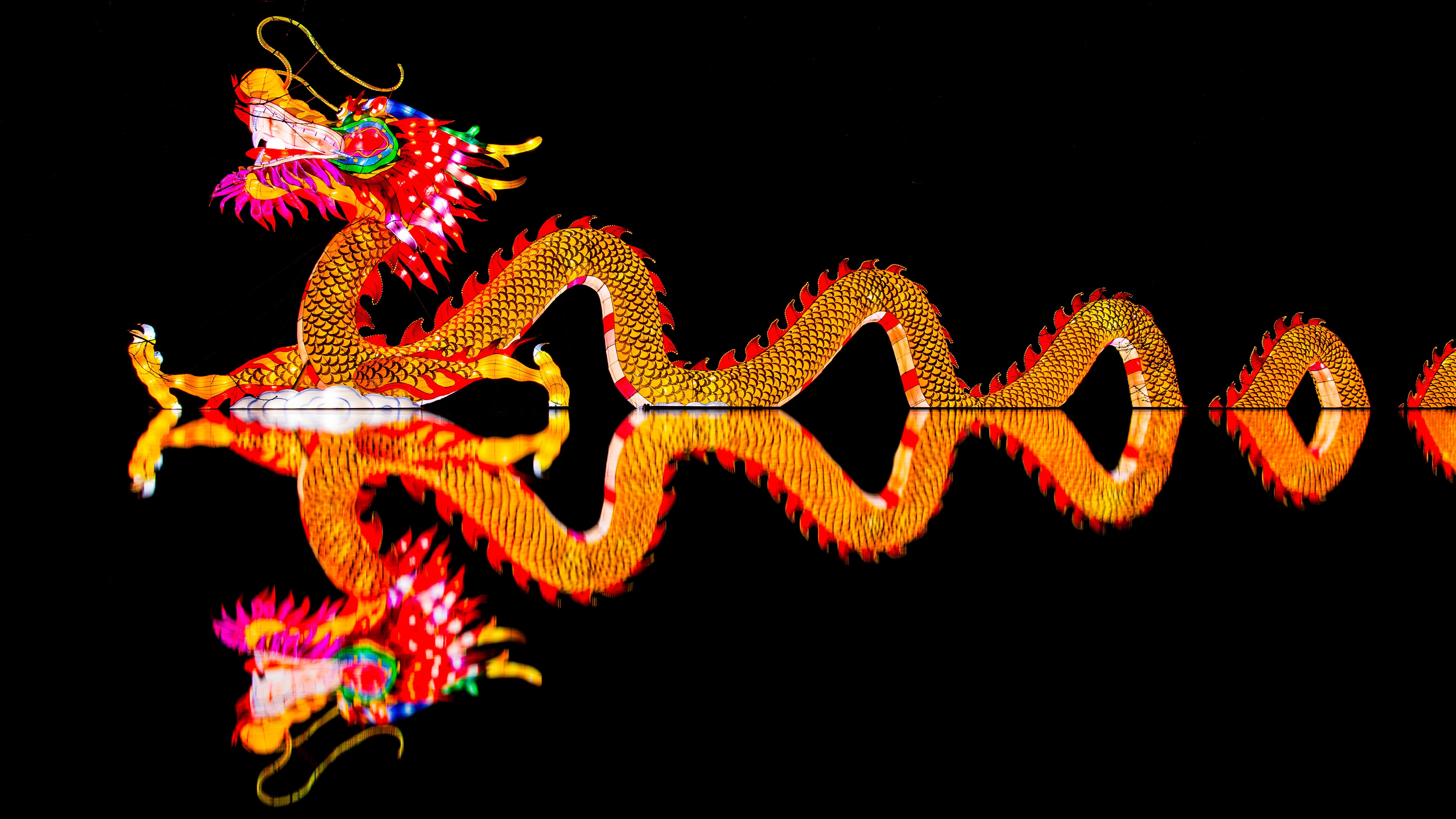 celebration, sky, lighting equipment, studio shot, black background, dragon, no people, 5K, low angle view, outdoors, glowing, animal representation, representation, HD Wallpaper