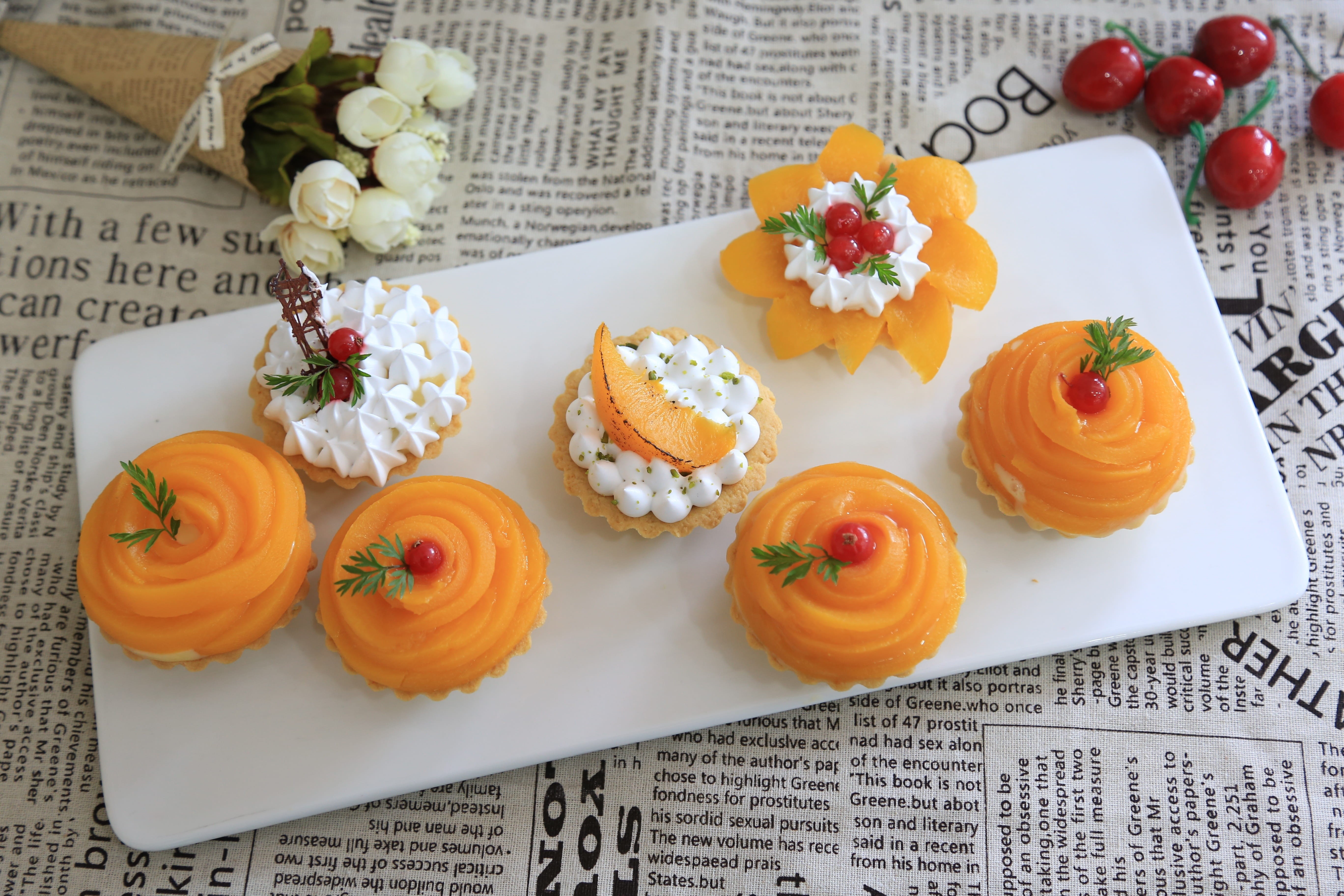 Cake, orange color, Decorating, food, orange, japanese food, no people, indoors, dim sum, 5K, cream, flower, healthy eating, ready-to-eat, Sweet, sweet, HD Wallpaper