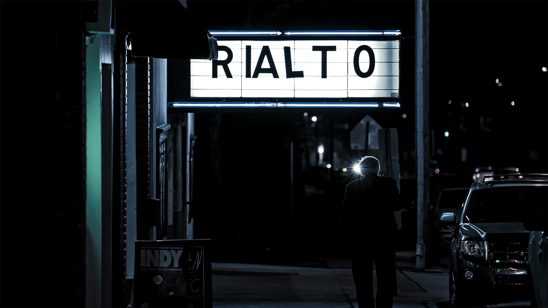 rear view, near, sign, illuminated, city life, architecture, street, one person, Rialto, entertainment, standing, night, person, transportation, dark, signage, HD Wallpaper