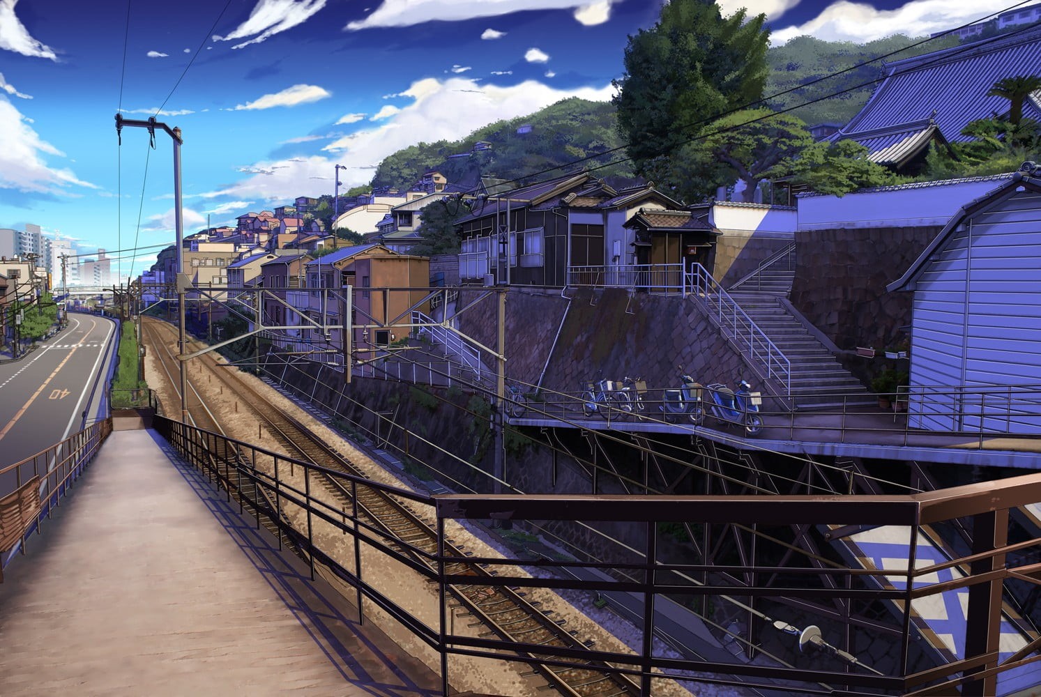 handrails, cloud - sky, no people, plant, outdoors, landscape, built structure, railway, anime, city, transportation, day, architecture, connection, 720P, HD Wallpaper