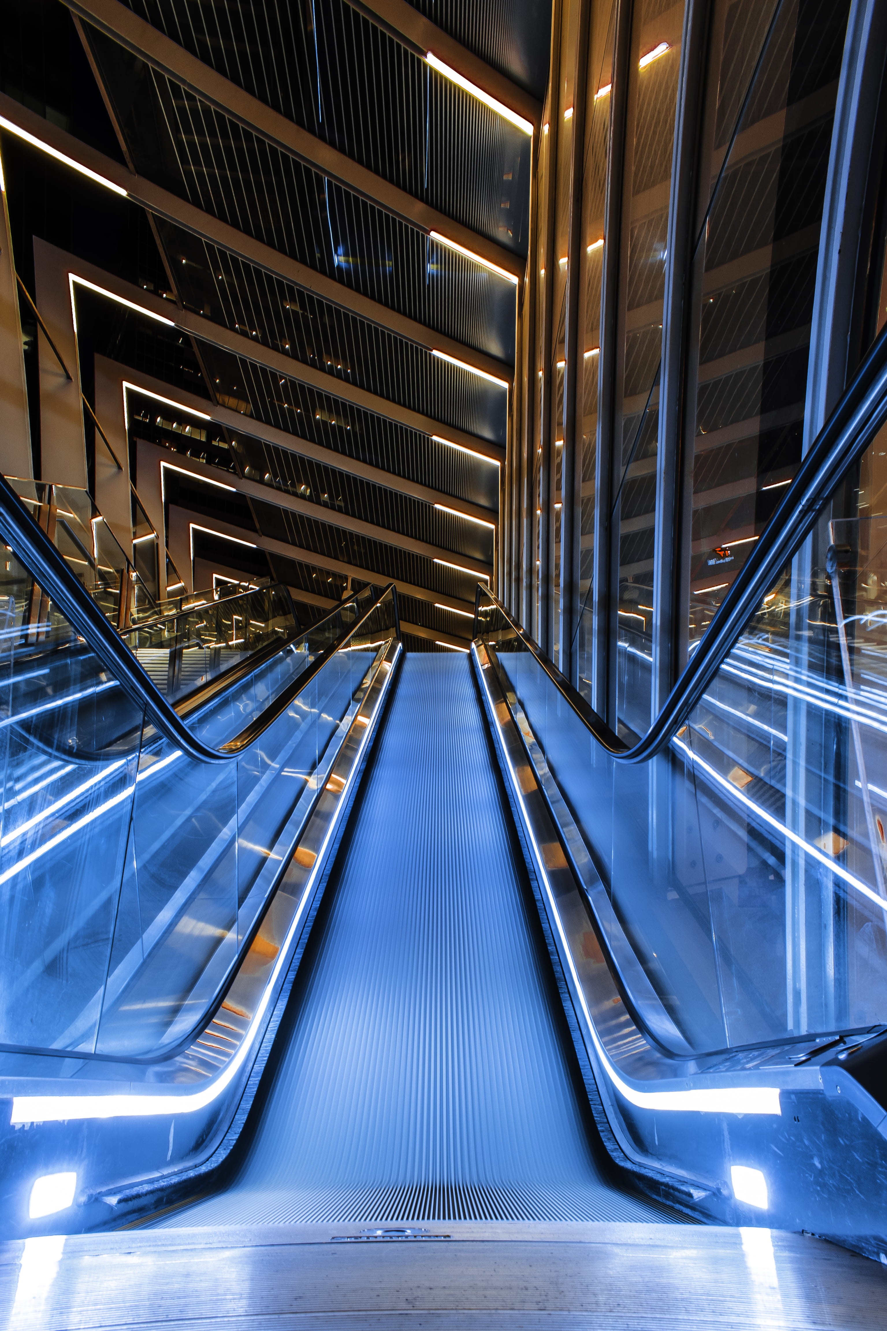 shopping mall, the way forward, metal, low angle view, railing, design, illuminated, staircase, office building, transportation, convenience, futuristic, Phone HD Wallpaper