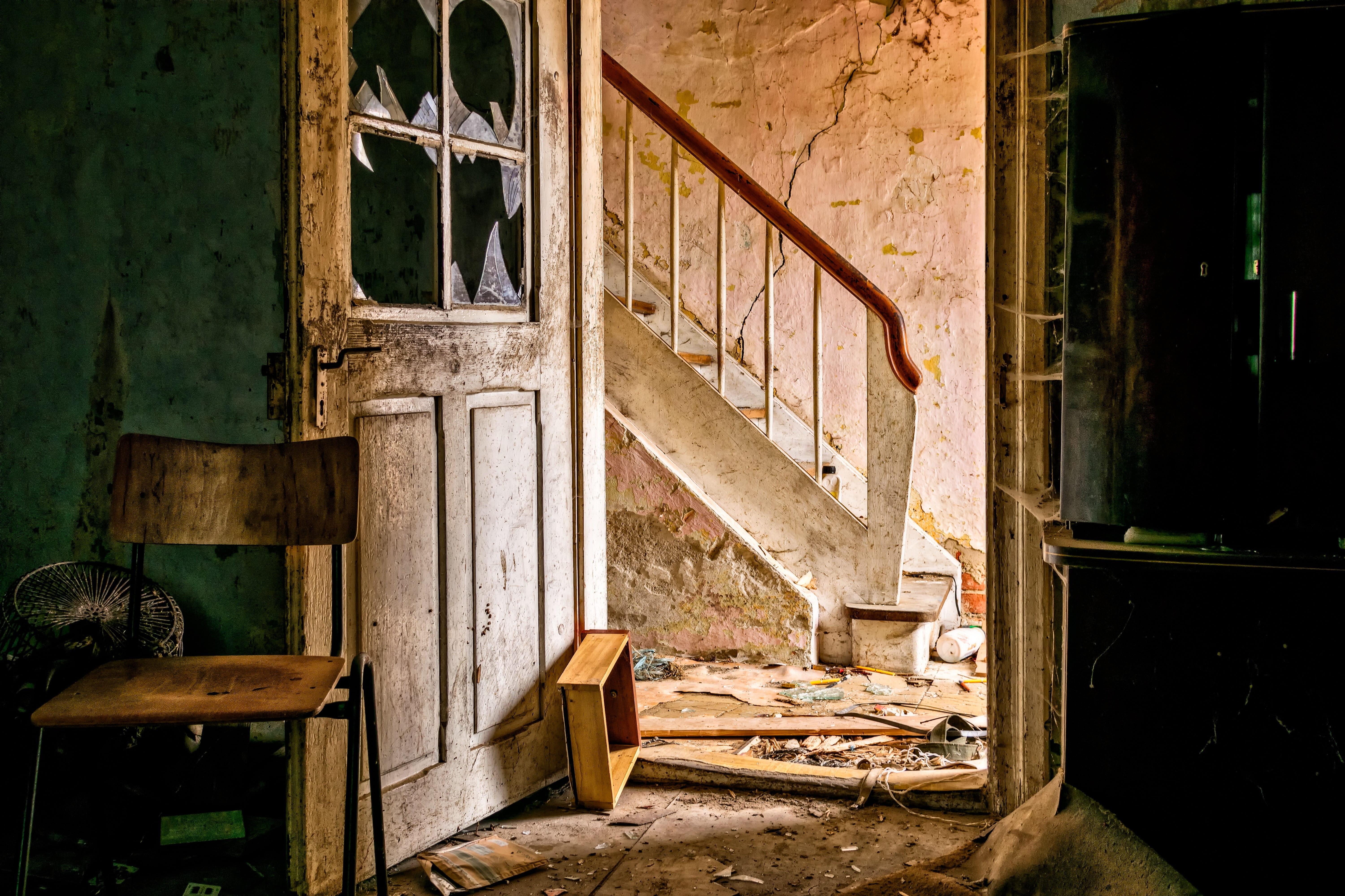 no people, staircase, near, run-down, old, house, lapsed, white, steps and staircases, indoors, passed, stairs, ruin, messy, broken, abandoned, window, HD Wallpaper