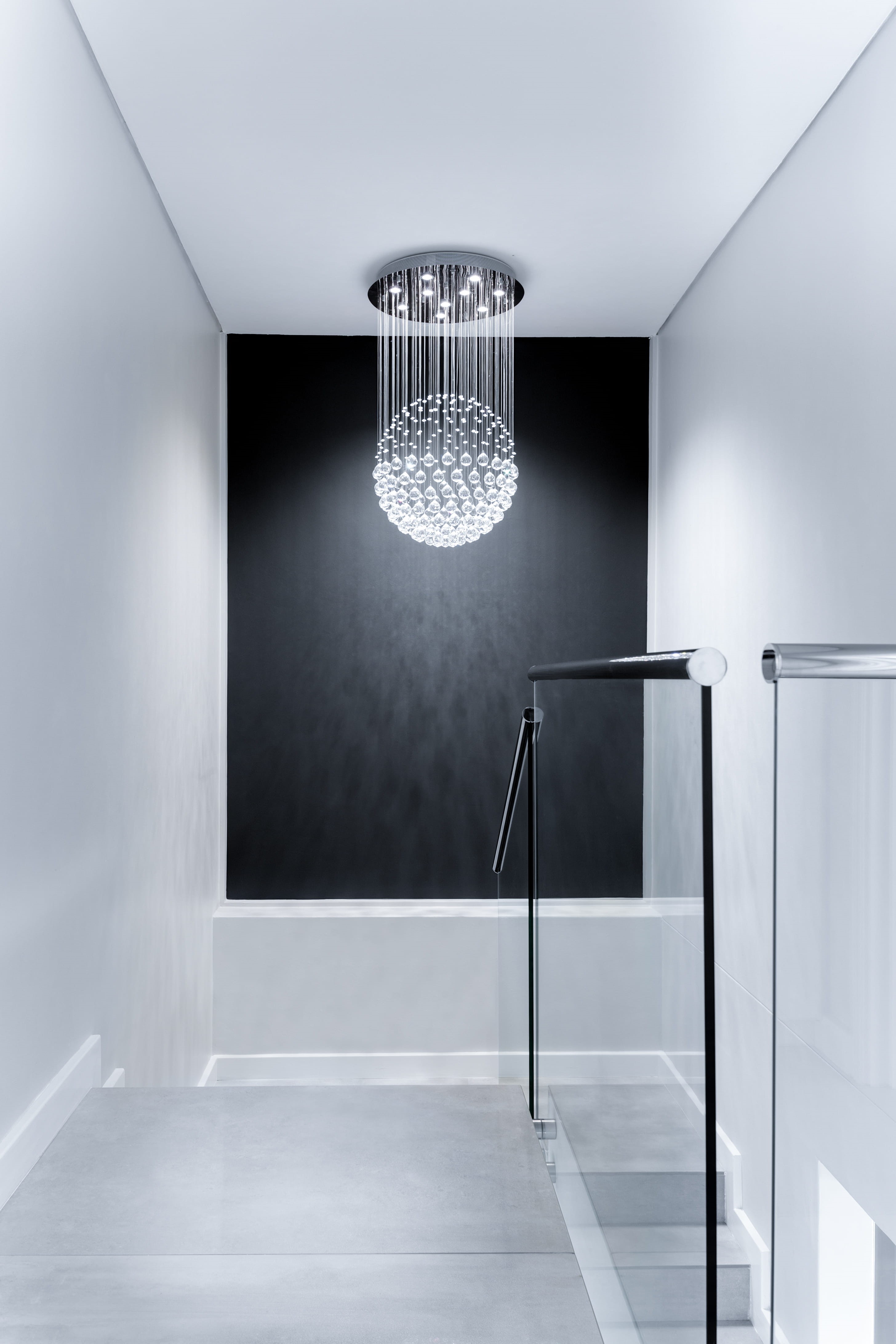 glass, home showcase interior, stairs, domestic room, hall, no people, electric lamp, design, door, clean, shiny, chandelier, lamp, inside, wall, metal, Phone HD Wallpaper