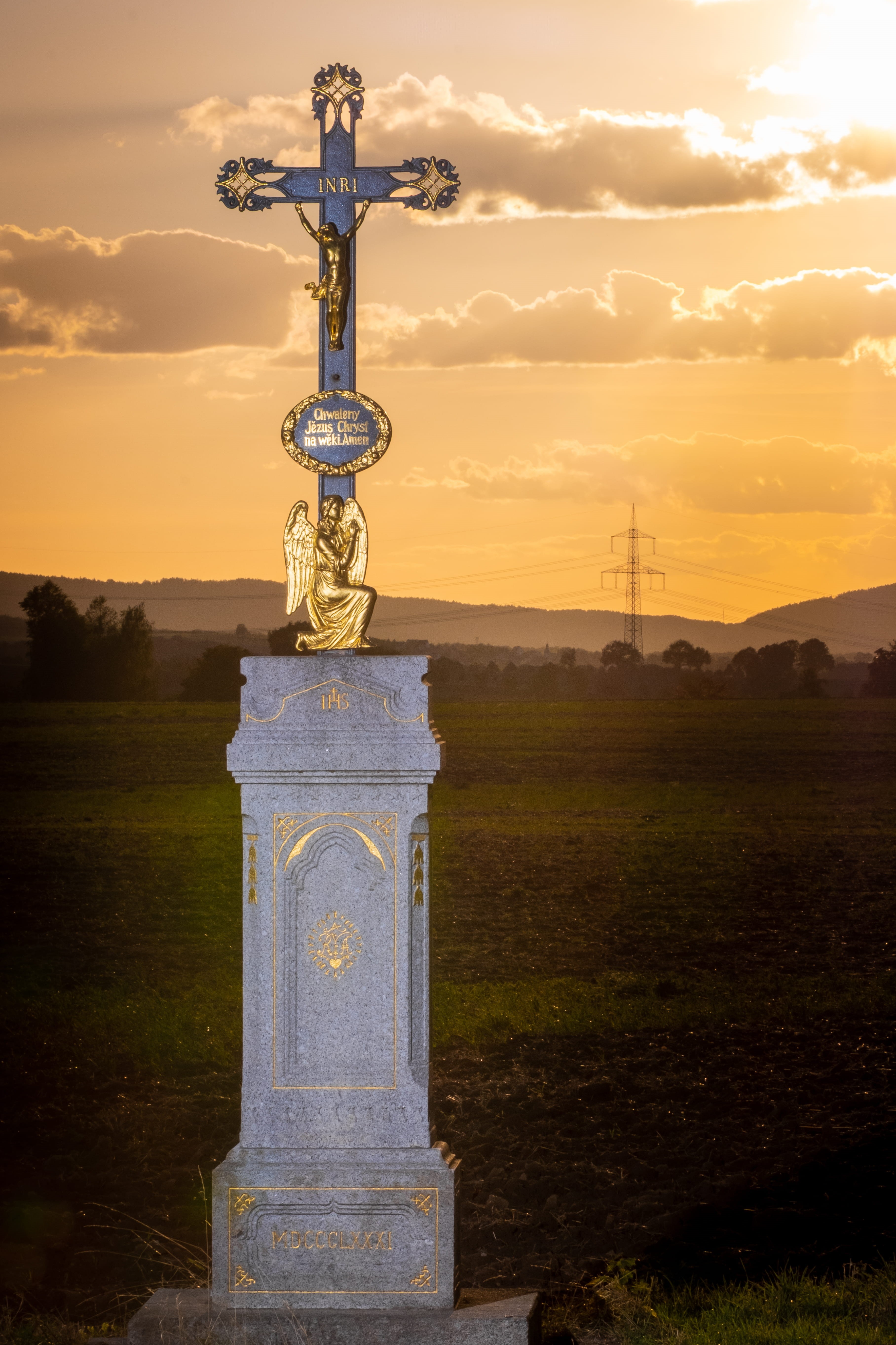 sculpture, pillar, art and craft, lamp post, cross, gold, symbol, column, cloud - sky, sky, art, flare, sunset, building, belief, outdoors, field, nature, Phone HD Wallpaper