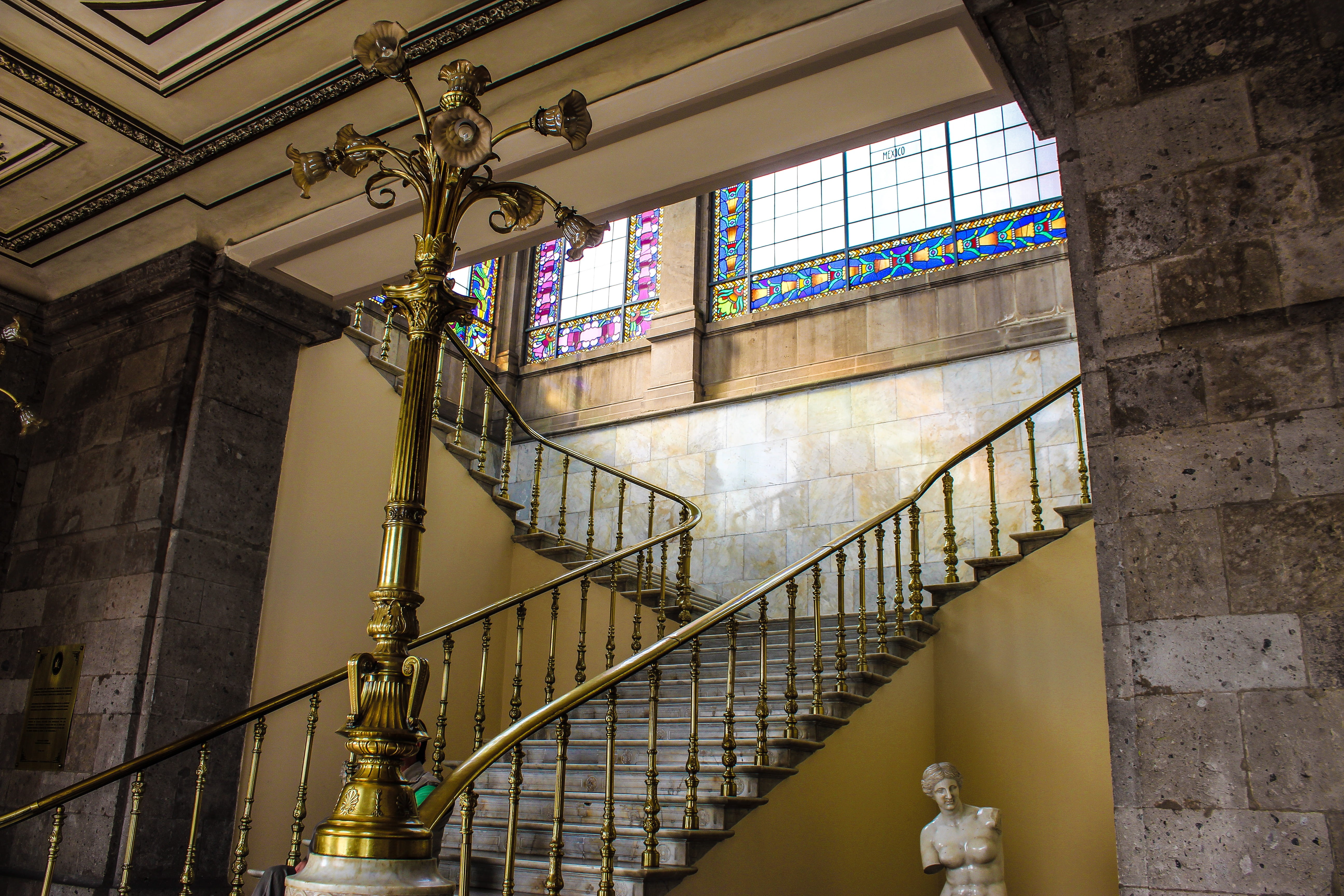 stained glass, building, built structure, castillo de chapultepec, tree, gold, historic, interior design, staircase, window, the past, residential district, HD Wallpaper