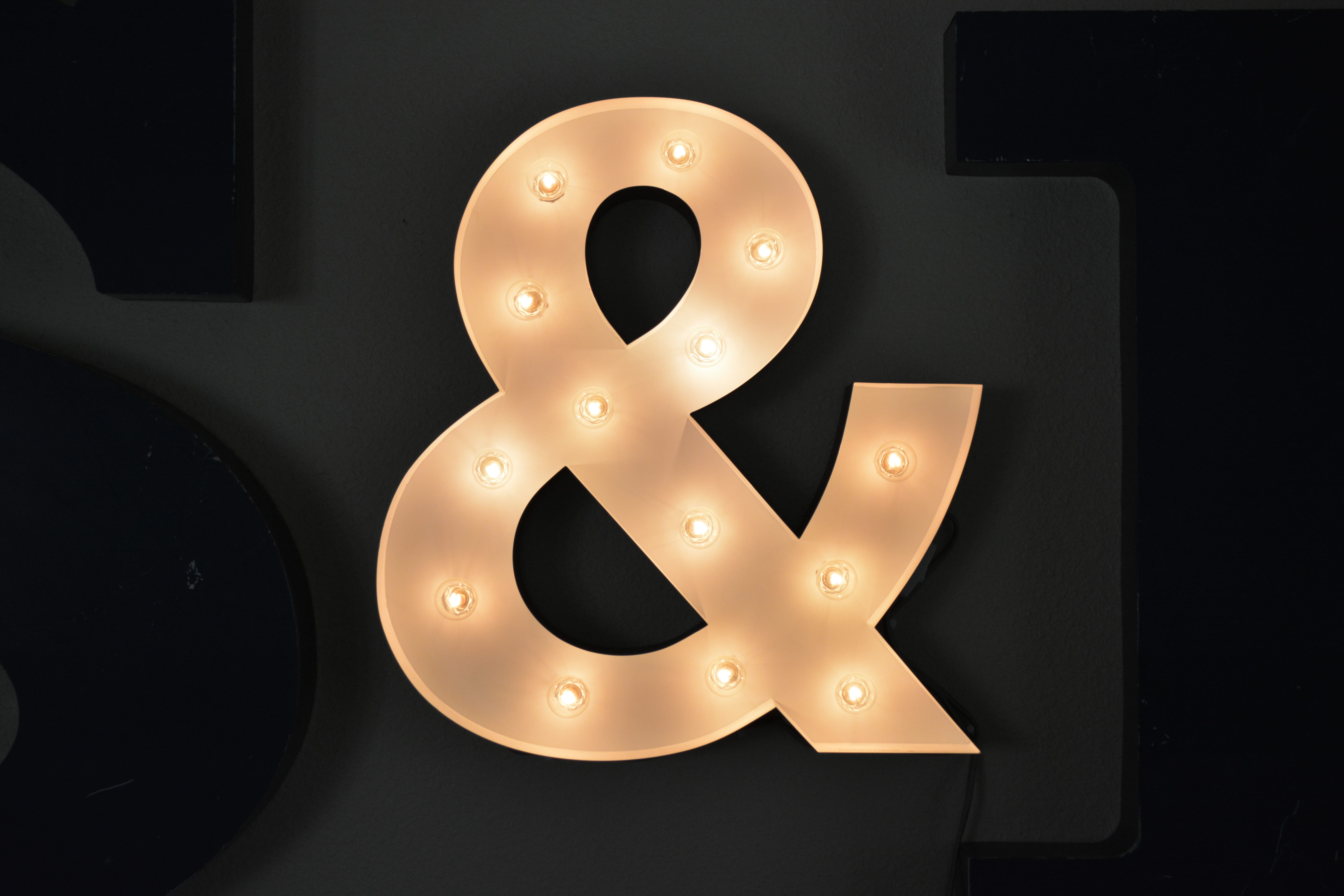 bulbs, symbol, ampersand, logo, illuminated, shape, night, still life, alphabet, pastry, emblem, dessert, shiny, arts culture and entertainment, candle, HD Wallpaper