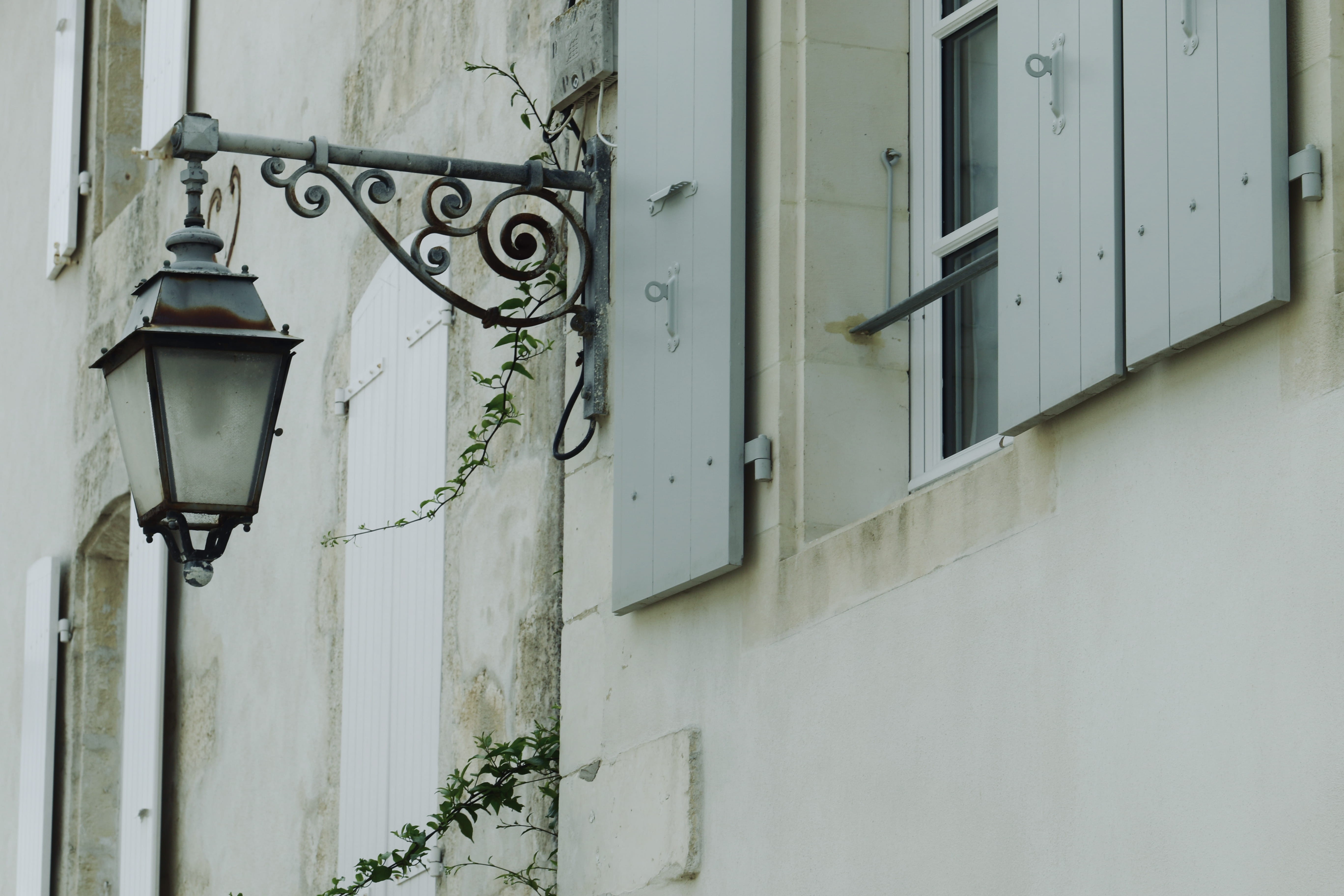white color, residential district, building exterior, built structure, window, ivy, blossom, flagstone, lamp post, shutter, jar, street, curtain, 5K, electric lamp, HD Wallpaper