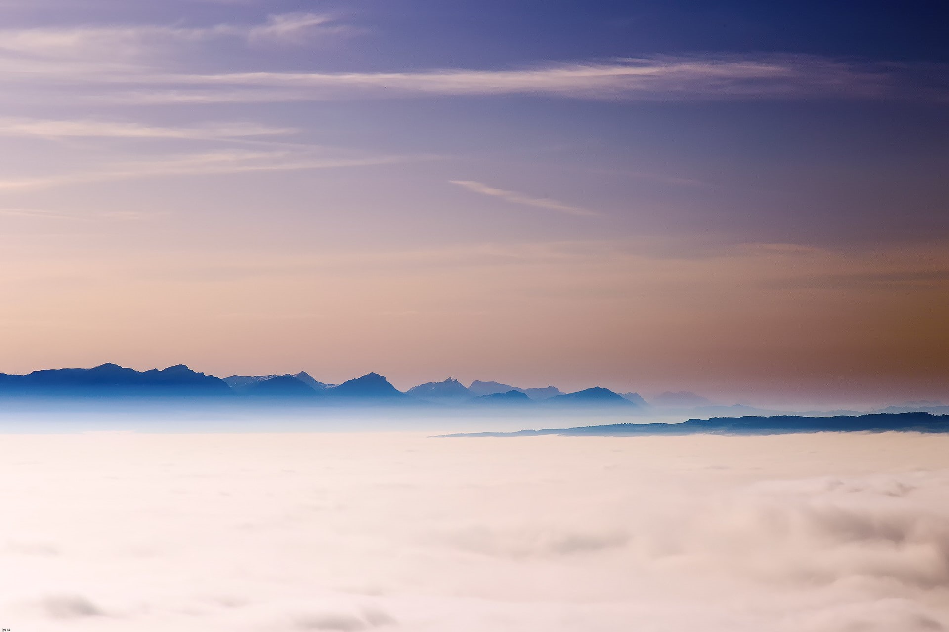 sea, mountain range, 1080P, mountain, water, mist, landscape, sky, sunrise, no people, cloud - sky, blue, clouds, salt flat, tranquility, environment, HD Wallpaper
