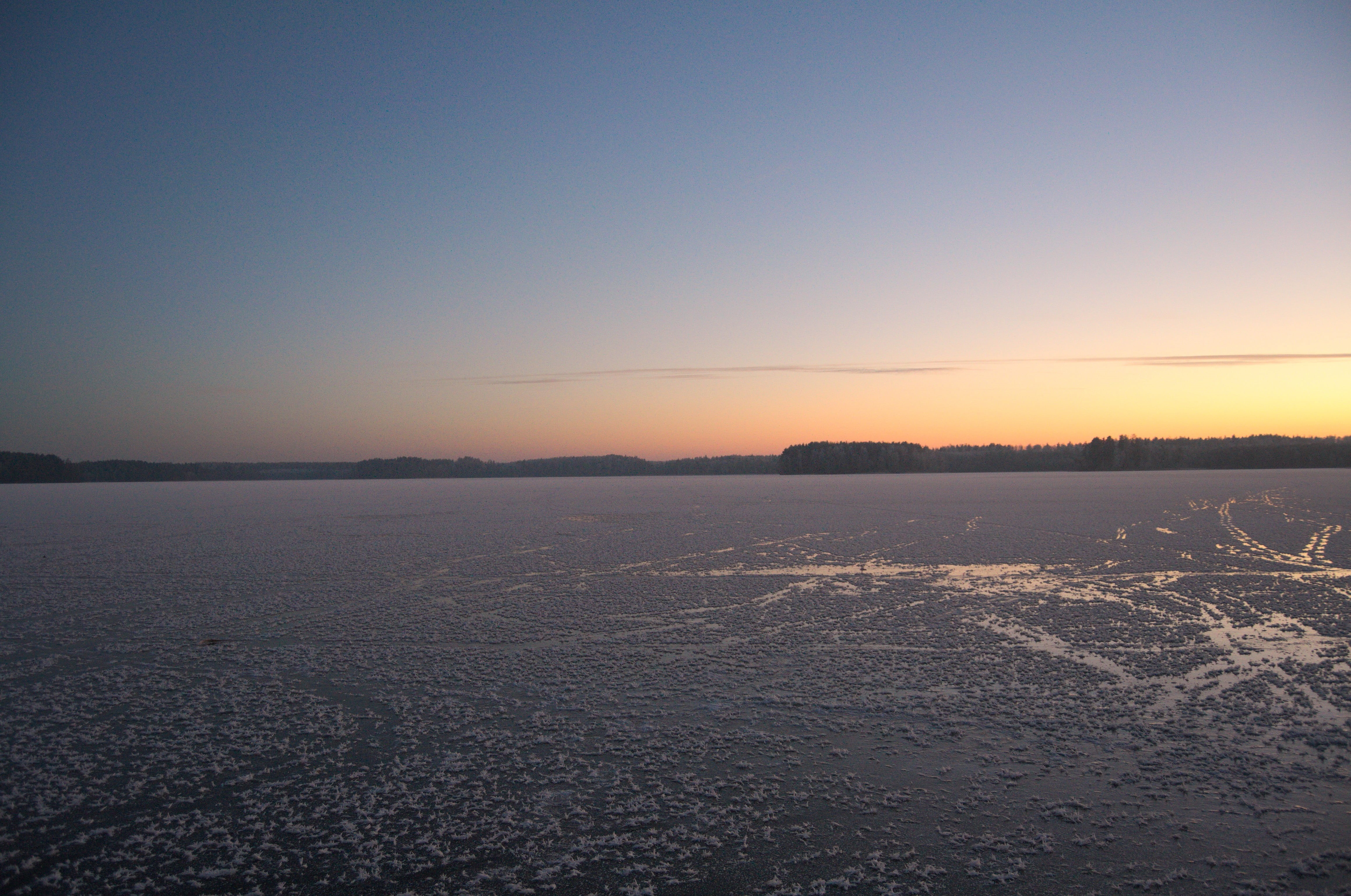 frozen, non-urban scene, scenics - nature, no people, evening, landscape, 4K, outdoors, tranquil scene, idyllic, winter, land, sky, water, beauty in nature, HD Wallpaper