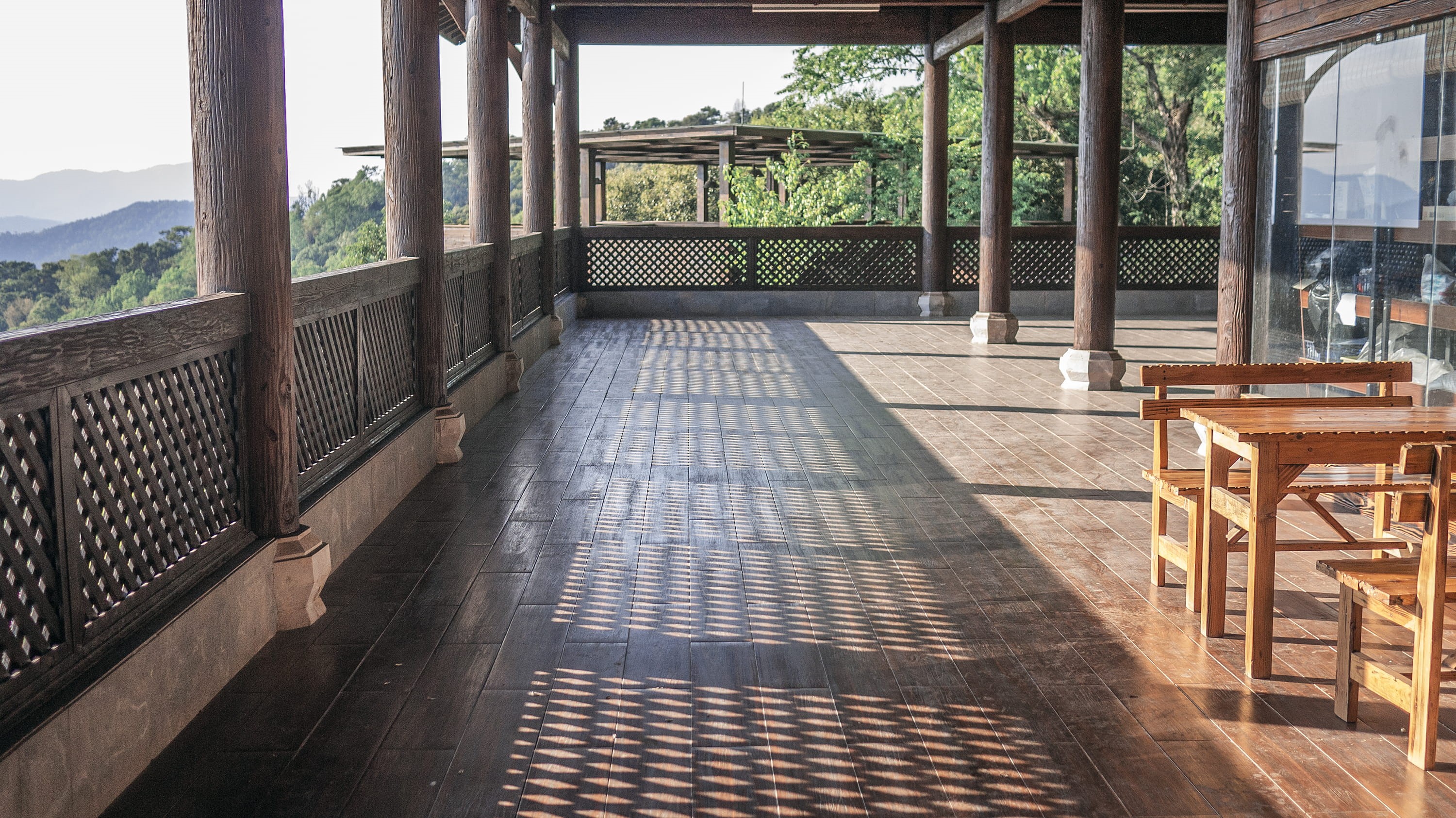 seat, empty, plant, bench, patio, path, tiled floor, no people, flooring, wood, walkway, porch, pergola, floor, corridor, table, direction, outdoors, furniture, HD Wallpaper