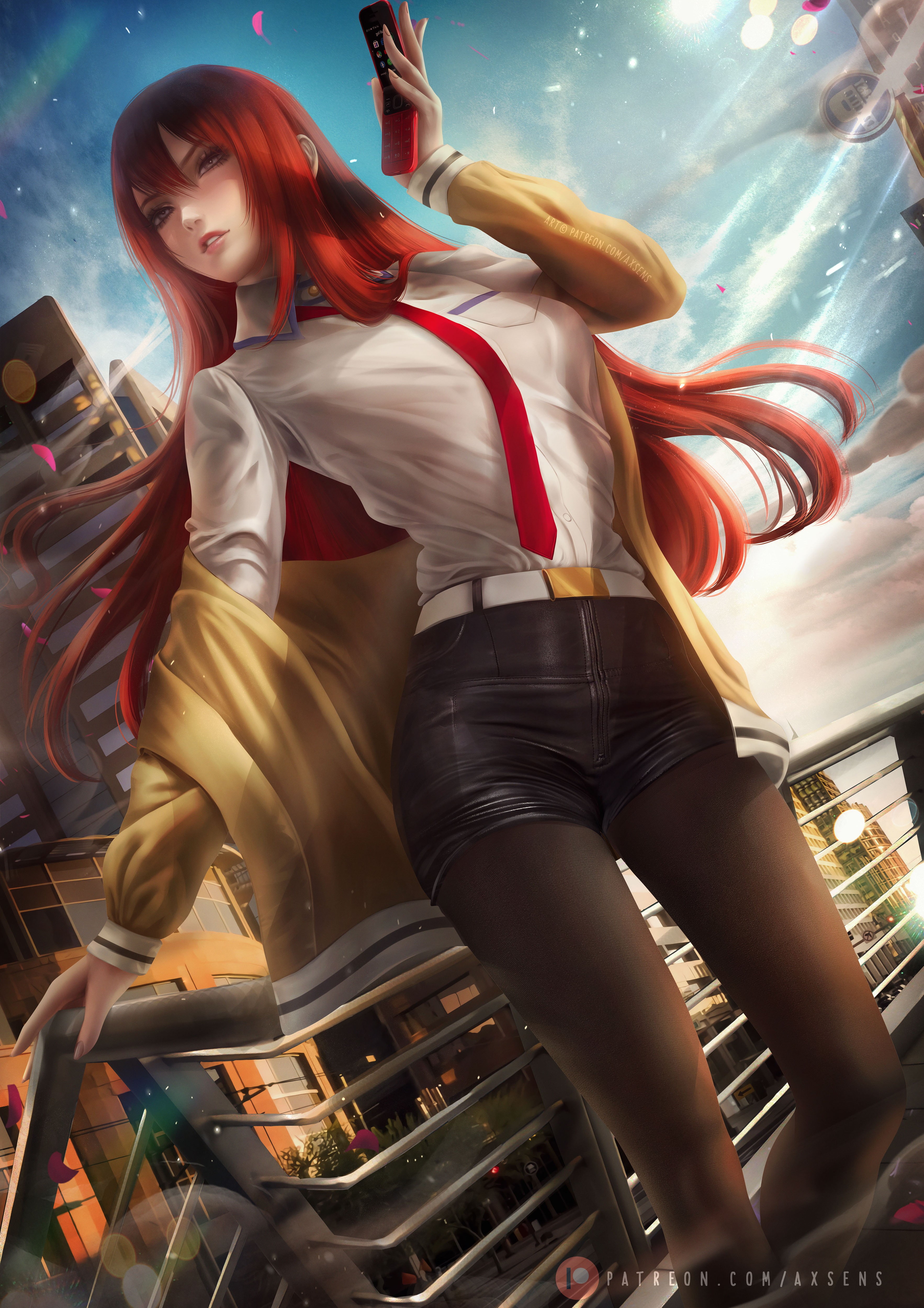 Steins;Gate, 4K, artwork, axsens, fan art, redhead, illustration, drawing, digital art, tie, Makise Kurisu, anime, anime girls, Steins;Gate 0, long hair, Phone HD Wallpaper