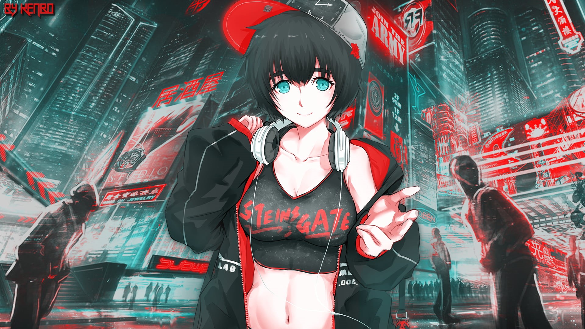 short hair, Black clothes, 1080P, black hair, Steins;Gate, anime girls, headphones, red clothing, Shiina Mayuri, Steins;Gate 0, blue eyes, Akihabara, anime, HD Wallpaper