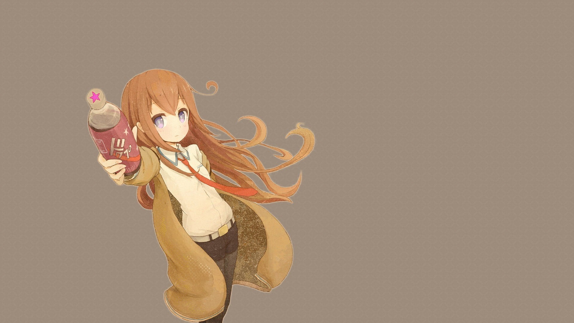 gray, gray background, one person, arms raised, yellow, copy space, celebration, 1080P, representation, woman, Makise Kurisu, Steins;Gate, haired, HD Wallpaper