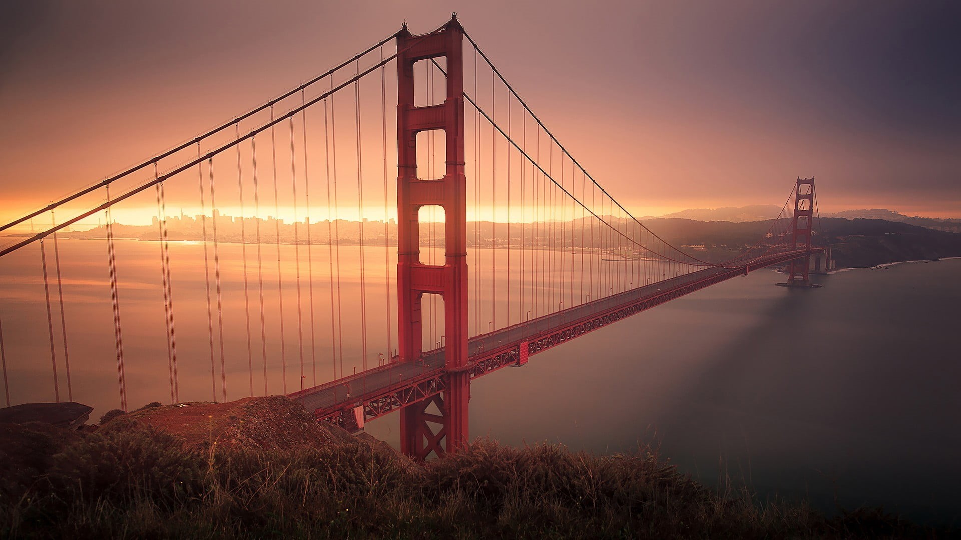 outdoors, water, Golden Gate Bridge, mattress, sun, wooden, fog, city, white, suspension bridge, bay, travel destinations, architecture, transportation, HD Wallpaper