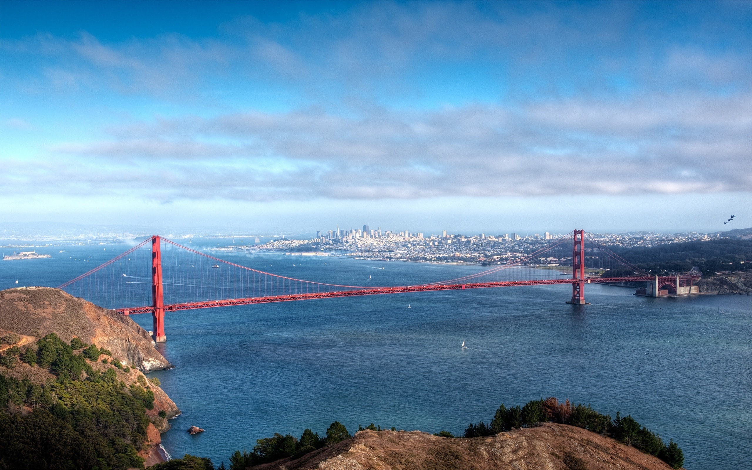 transportation, no people, bay of water, travel destinations, bridge, city, 2K, bridge - man made structure, sea, water, Golden Gate Bridge, nature, sky, HD Wallpaper