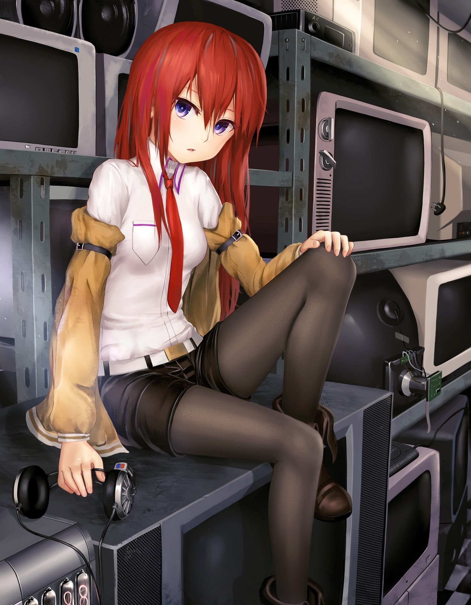 Steins;Gate, young women, technology, fashion, one person, bizarre, beautiful woman, 1080P, clothing, indoors, seat, adult, character, red, females, sitting, Phone HD Wallpaper
