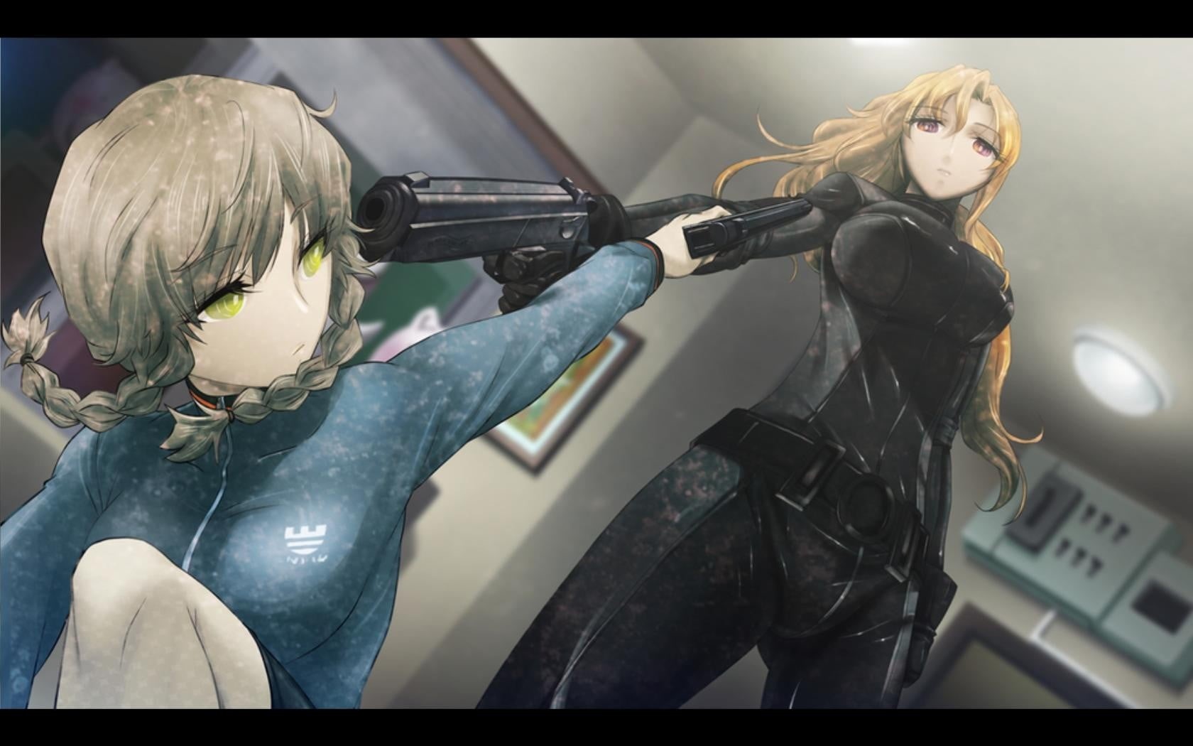 hair, casual clothing, people, representation, crash helmet, Amane Suzuha, character, illustration, land vehicle, gray, Kiryuu Moeka, motorcycle, indoors, HD Wallpaper