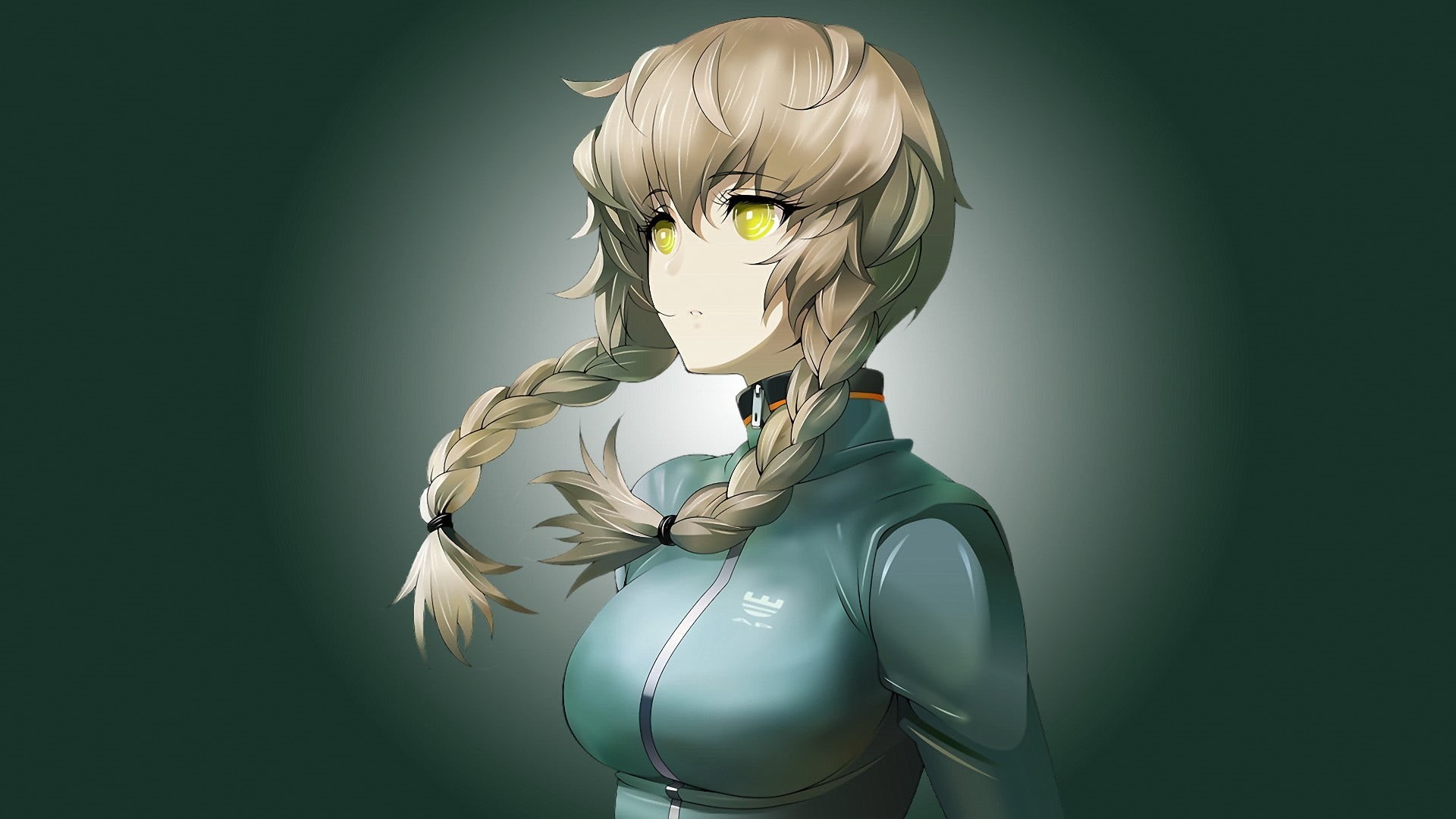 technology, hairstyle, indoors, human body part, standing, young adult, one person, colored background, Amane Suzuha, body part, green background, anime girls, HD Wallpaper