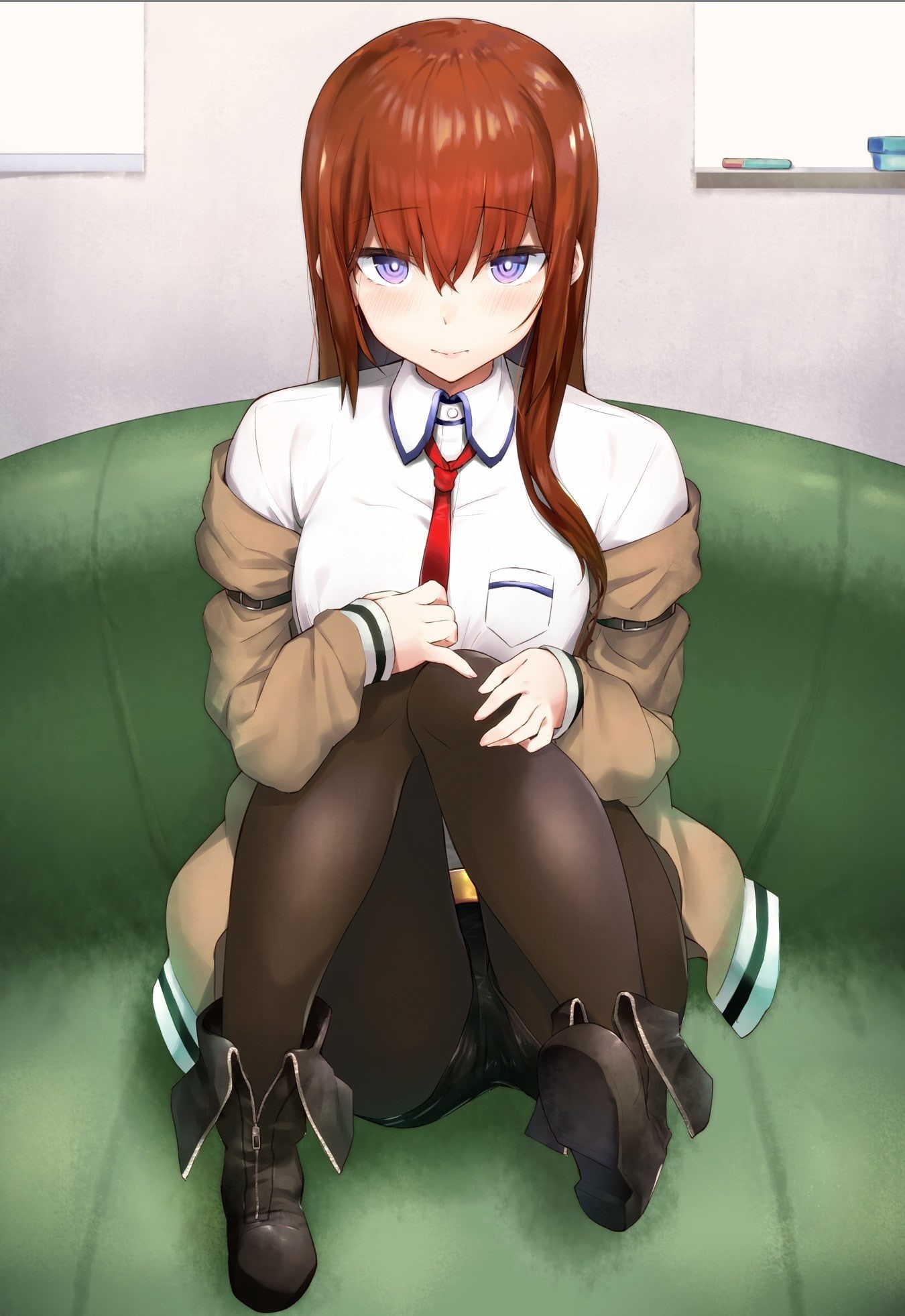 sitting, sweater, anime, human body part, embarrassment, business, women, adult, young adult, one person, anime girls, front view, clothing, full length, Phone HD Wallpaper