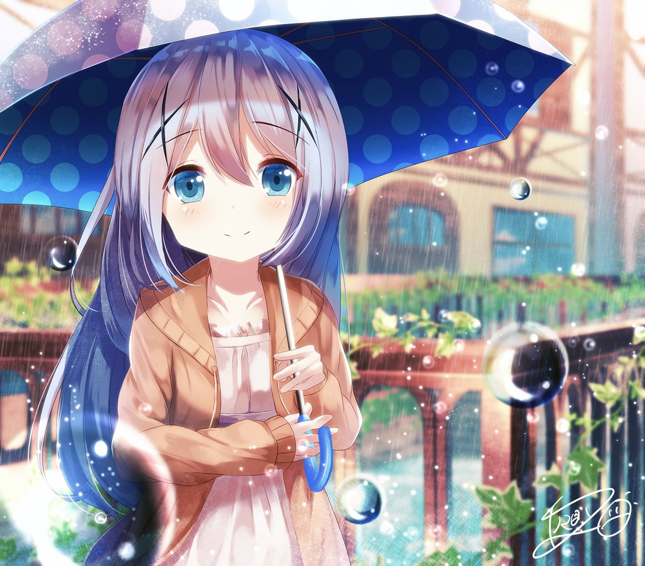 women, waist up, obscured face, protection, outdoors, female, portrait, front view, Gochuumon wa Usagi Desu ka?, long hair, holding, lifestyles, day, one person, HD Wallpaper