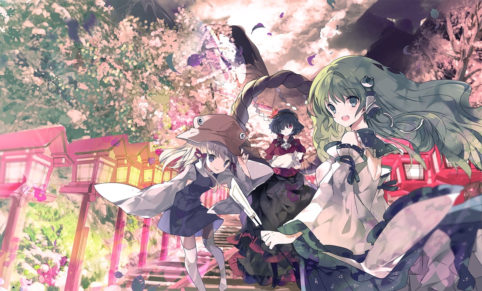 720P, Touhou, anime, Yasaka Kanako, anime girls, Kochiya Sanae, Moriya Suwako, HD Wallpaper