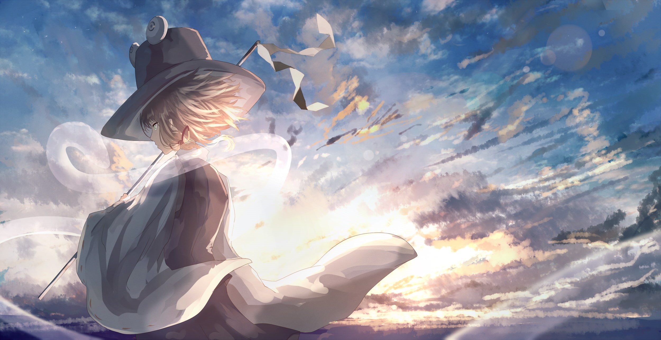 vertebrate, real people, sky, women, angel, nature, suwako moriya, sunlight, Anime, hat, low angle view, profile view, young women, lifestyles, clouds, HD Wallpaper