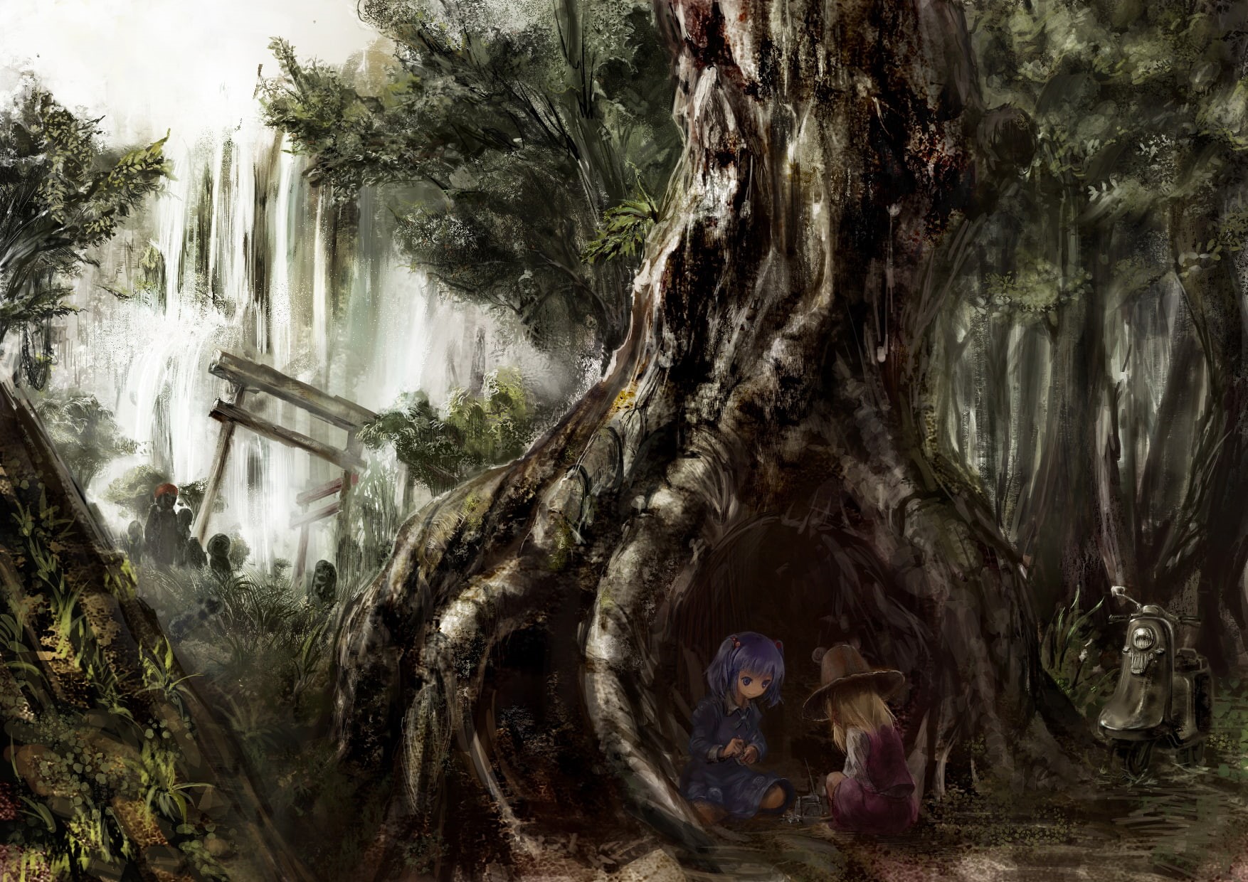 suwako, 720P, touhou, moriya, kawashiro, forest, waterfall, nitori, HD Wallpaper