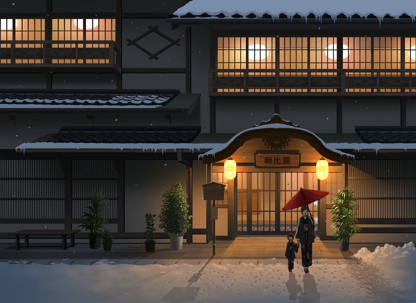 lantern, orange color, people, walking, 720P, wearing, lifestyles, snow, architecture, woman, near, oil, text, Japanese clothes, nature, window, house, HD Wallpaper