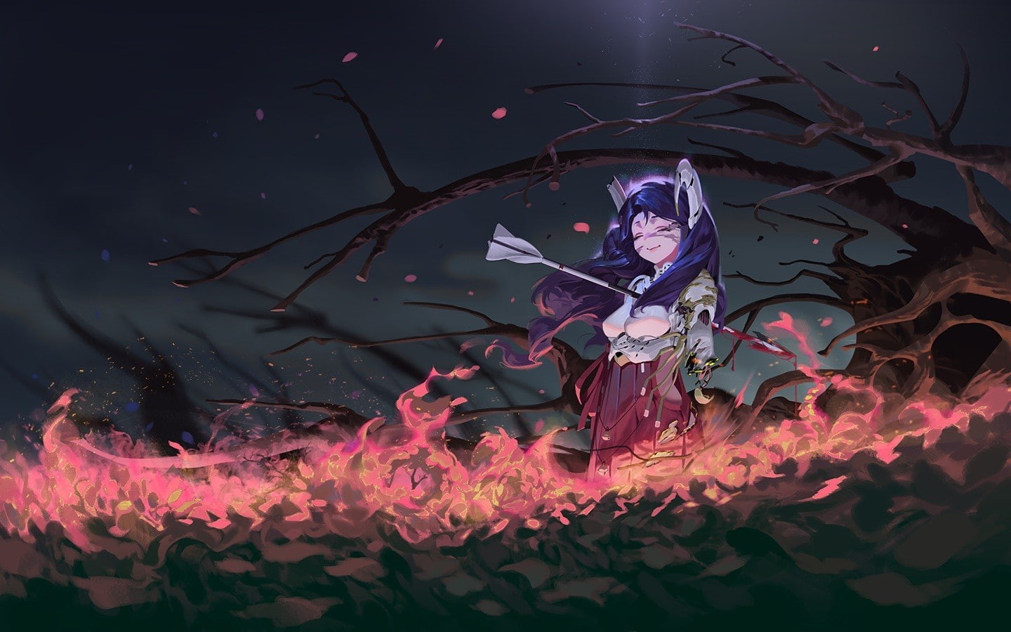 petals, illuminated, sword, lake, art and craft, glowing, trees, 720P, arts culture and entertainment, human representation, nature, weapon, night, motion, HD Wallpaper